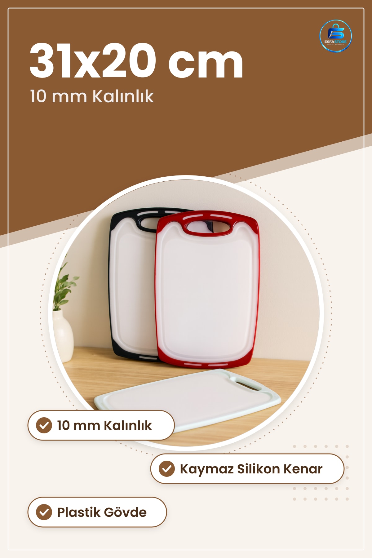 Kesme Tahtası Kesim Panosu 31x20 cm Plastik Kaymaz Silikon Kenarlı 10 mm Mutfak Hijyenik