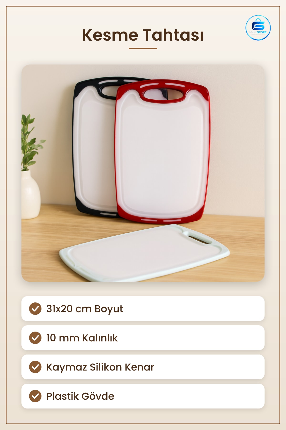 Kesme Tahtası Kesim Panosu 31x20 cm Plastik Kaymaz Silikon Kenarlı 10 mm Mutfak Hijyenik