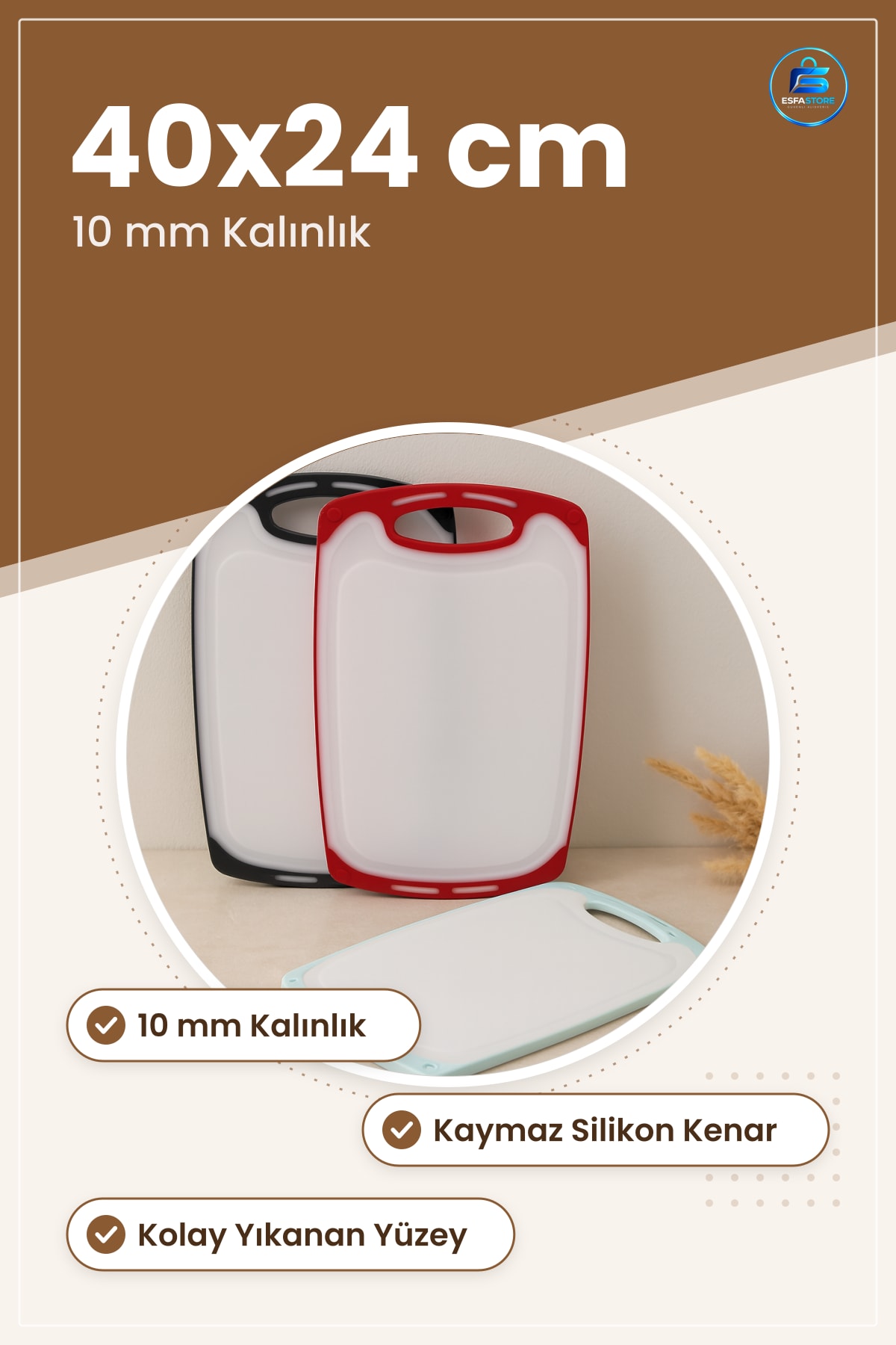 Kesme Tahtası Plastik Kesim Panosu 40x24 cm 10 mm Kaymaz Silikon Kenarlı Mutfak Hijyenik