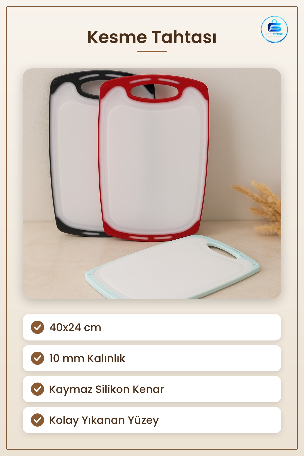 Kesme Tahtası Plastik Kesim Panosu 40x24 cm 10 mm Kaymaz Silikon Kenarlı Mutfak Hijyenik