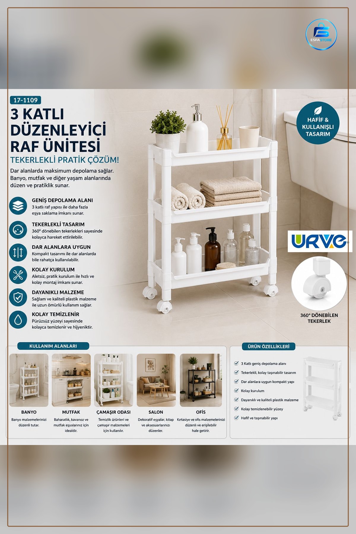 3 Katlı Tekerlekli Dolap İçi Düzenleyici Raf 465x145x480 mm Mutfak Banyo Ofis Sepet Organizer
