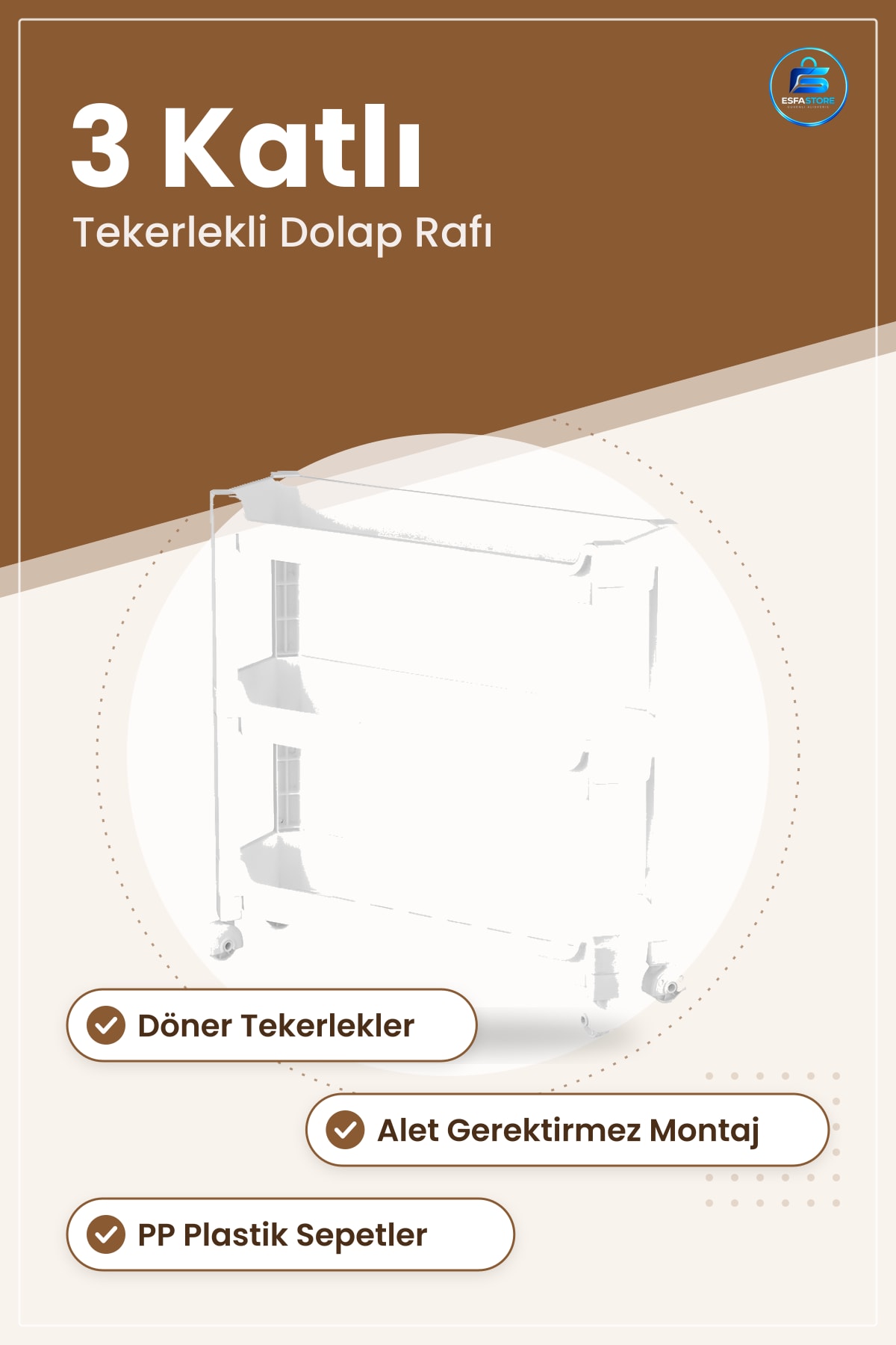 3 Katlı Tekerlekli Dolap İçi Düzenleyici Raf 465x145x480 mm Mutfak Banyo Ofis Sepet Organizer