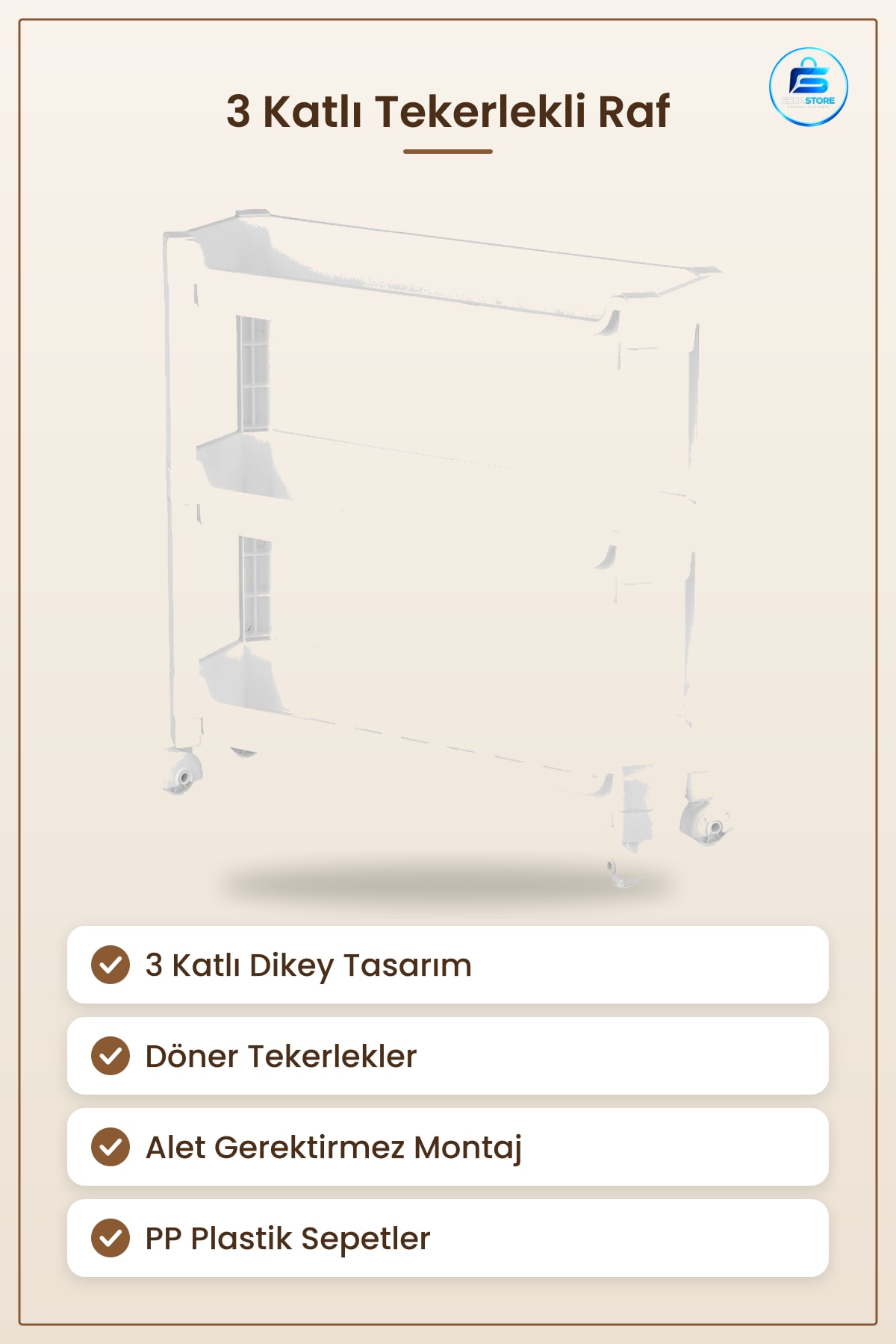 3 Katlı Tekerlekli Dolap İçi Düzenleyici Raf 465x145x480 mm Mutfak Banyo Ofis Sepet Organizer