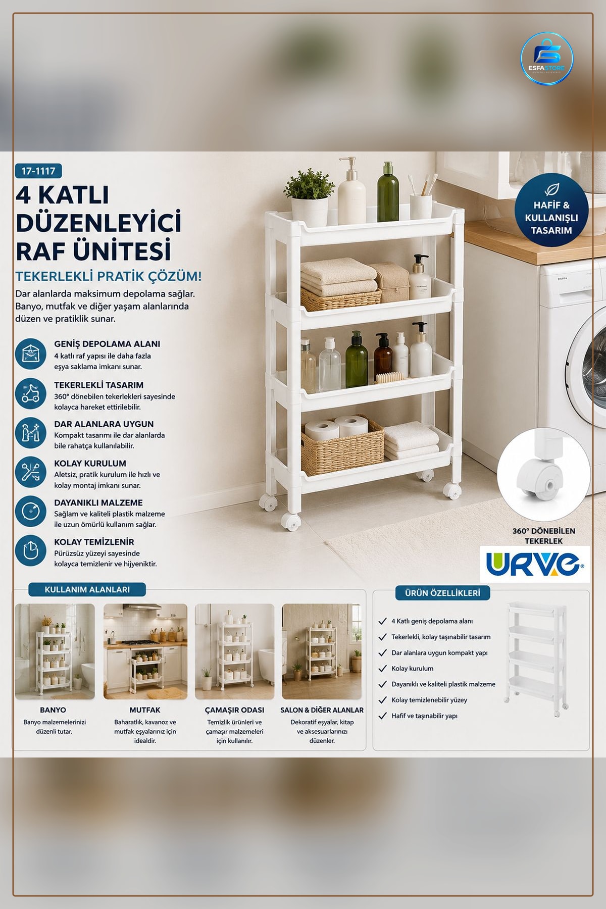 Sepet 4 Katlı Tekerlekli Organizer Raf 465x145x670mm Mutfak Banyo Çamaşır Odası İçin Depolama