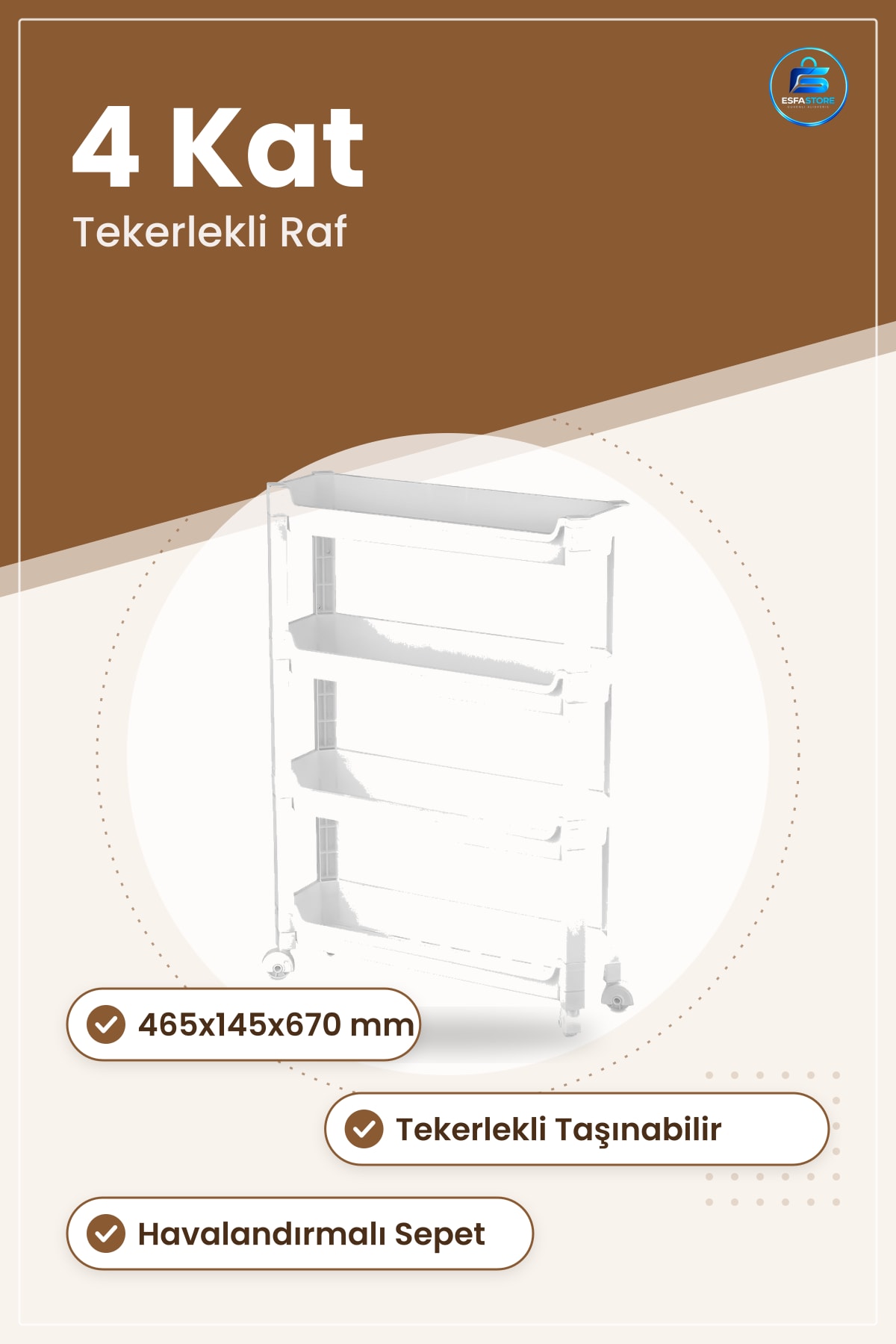 Sepet 4 Katlı Tekerlekli Organizer Raf 465x145x670mm Mutfak Banyo Çamaşır Odası İçin Depolama