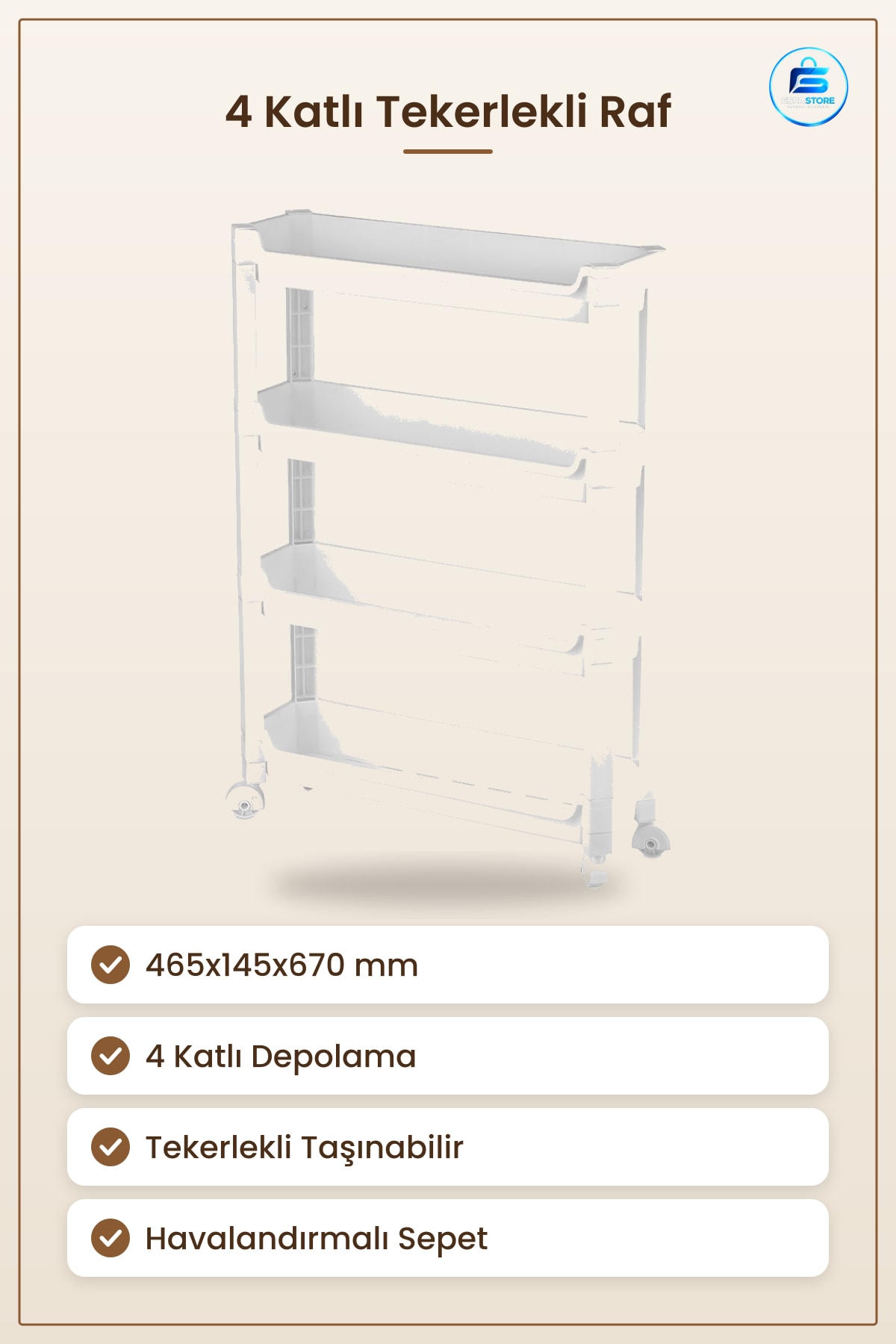 Sepet 4 Katlı Tekerlekli Organizer Raf 465x145x670mm Mutfak Banyo Çamaşır Odası İçin Depolama