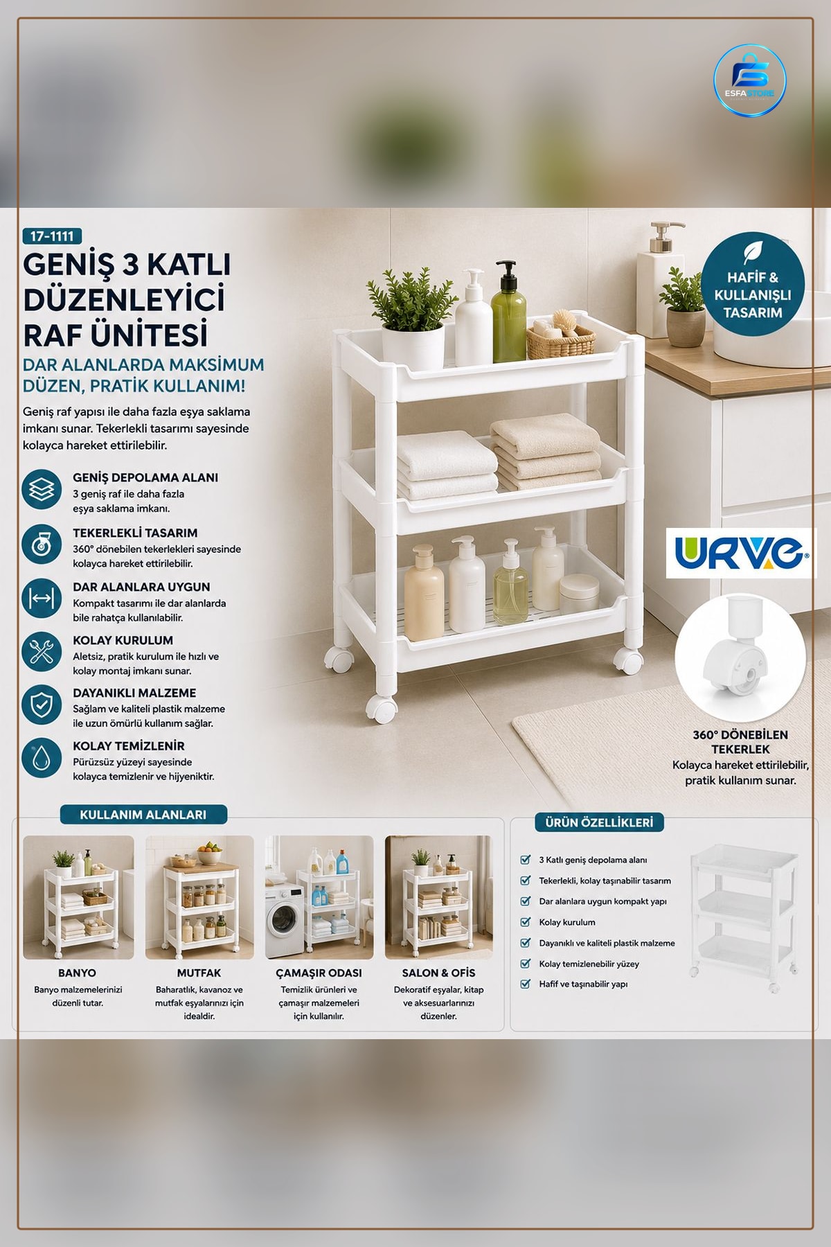 Sepet Organizer Raf 3 Katlı Tekerlekli 352x220x480 mm Mutfak Banyo Çocuk Odası Düzenleyici Ofis
