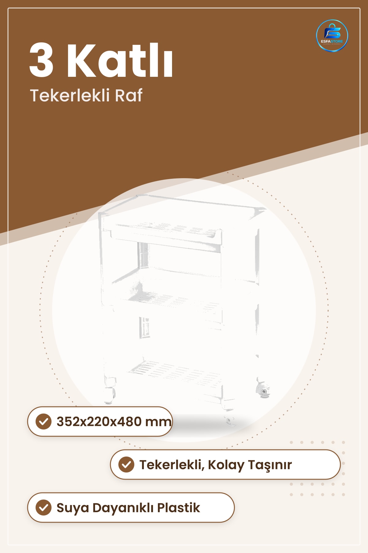 Sepet Organizer Raf 3 Katlı Tekerlekli 352x220x480 mm Mutfak Banyo Çocuk Odası Düzenleyici Ofis