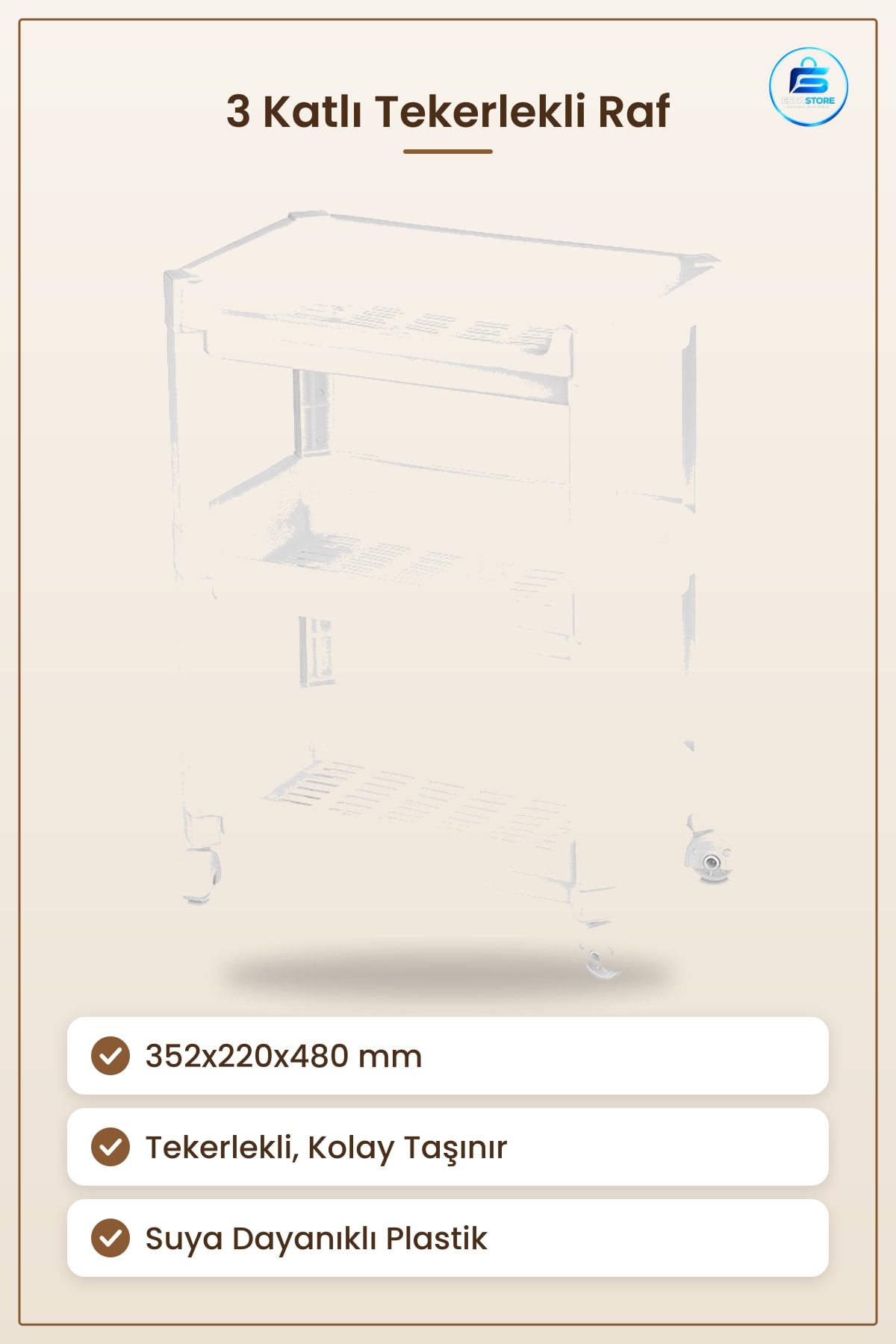 Sepet Organizer Raf 3 Katlı Tekerlekli 352x220x480 mm Mutfak Banyo Çocuk Odası Düzenleyici Ofis