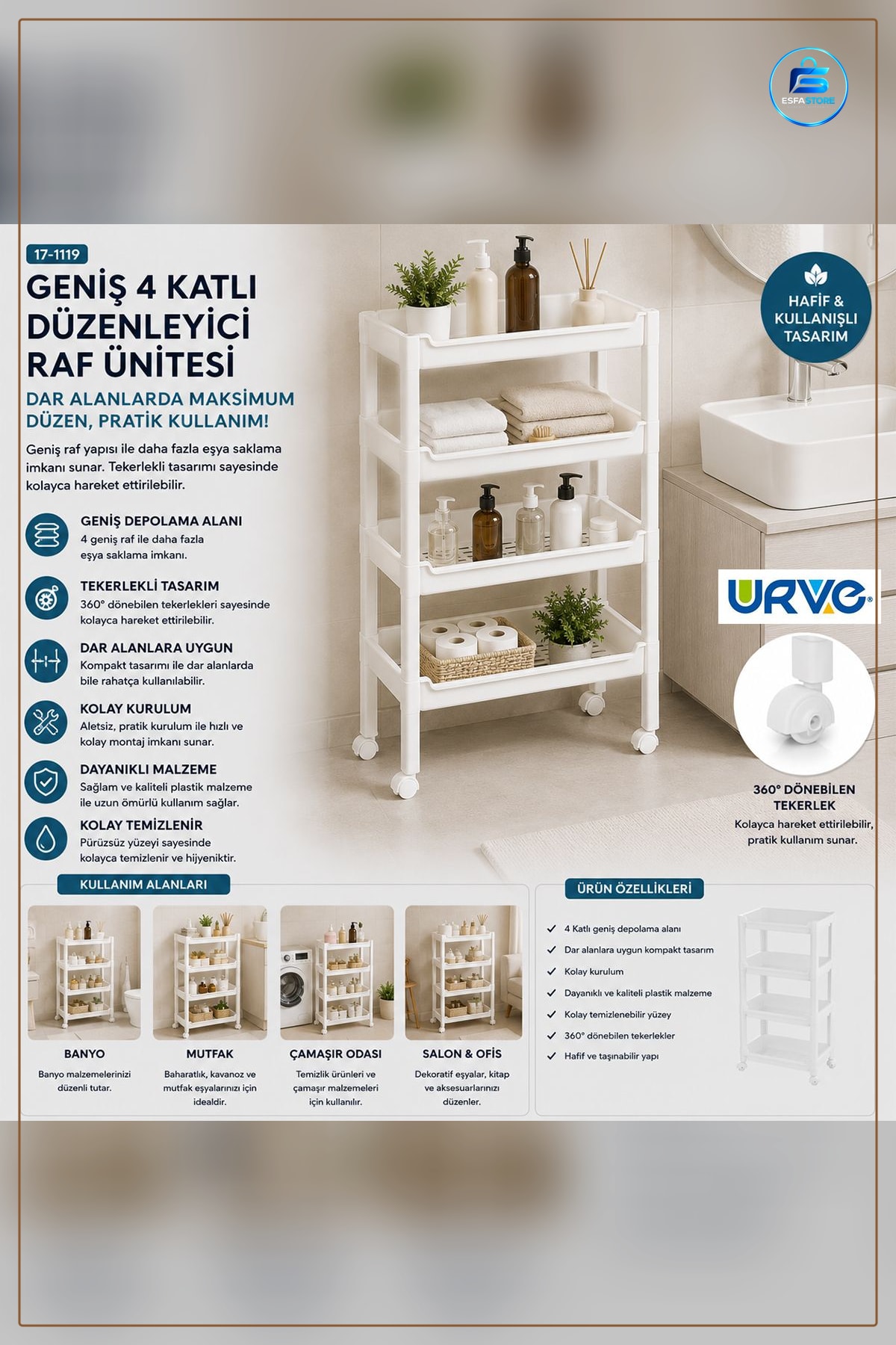 4 Katlı Tekerlekli Plastik Sepet Organizer 355x220x670 mm Mutfak Banyo Çamaşır Odası Raf