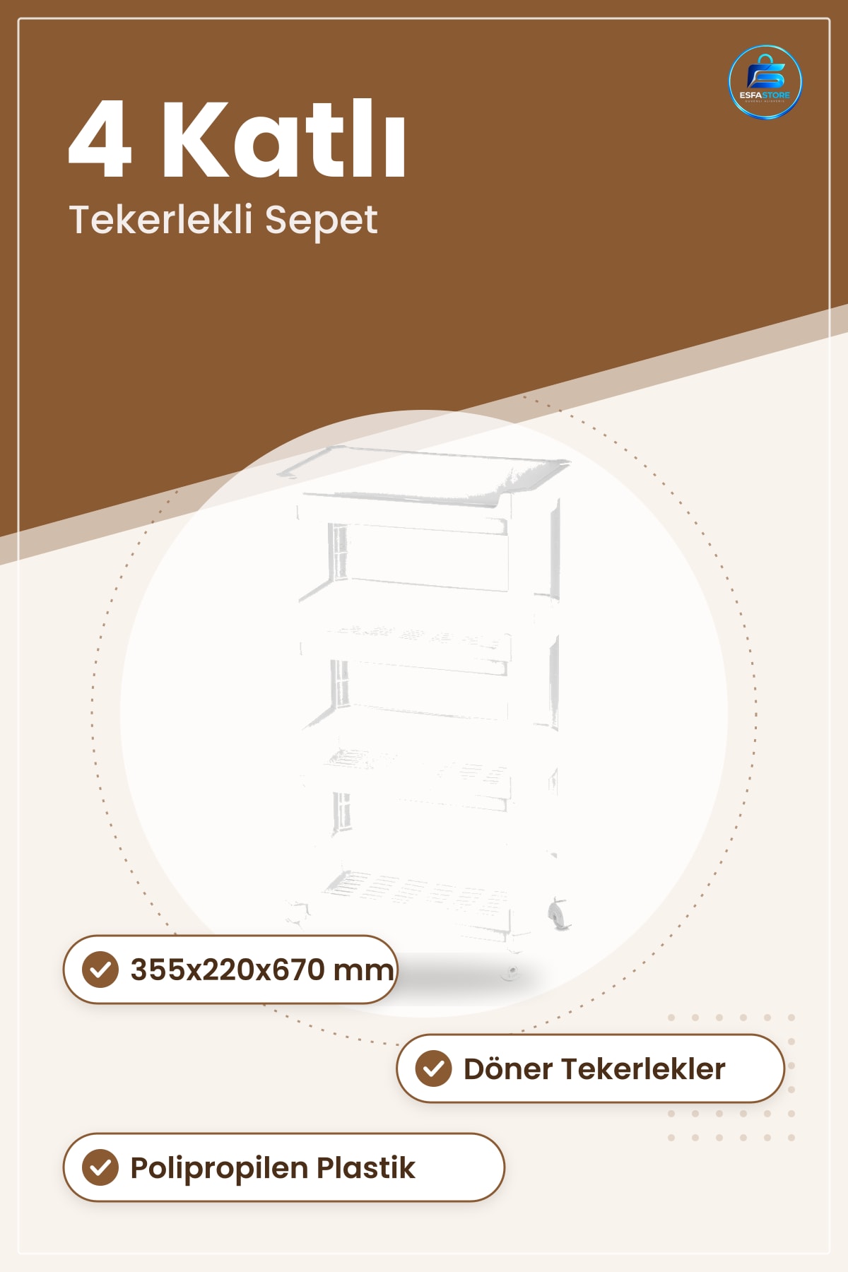 4 Katlı Tekerlekli Plastik Sepet Organizer 355x220x670 mm Mutfak Banyo Çamaşır Odası Raf
