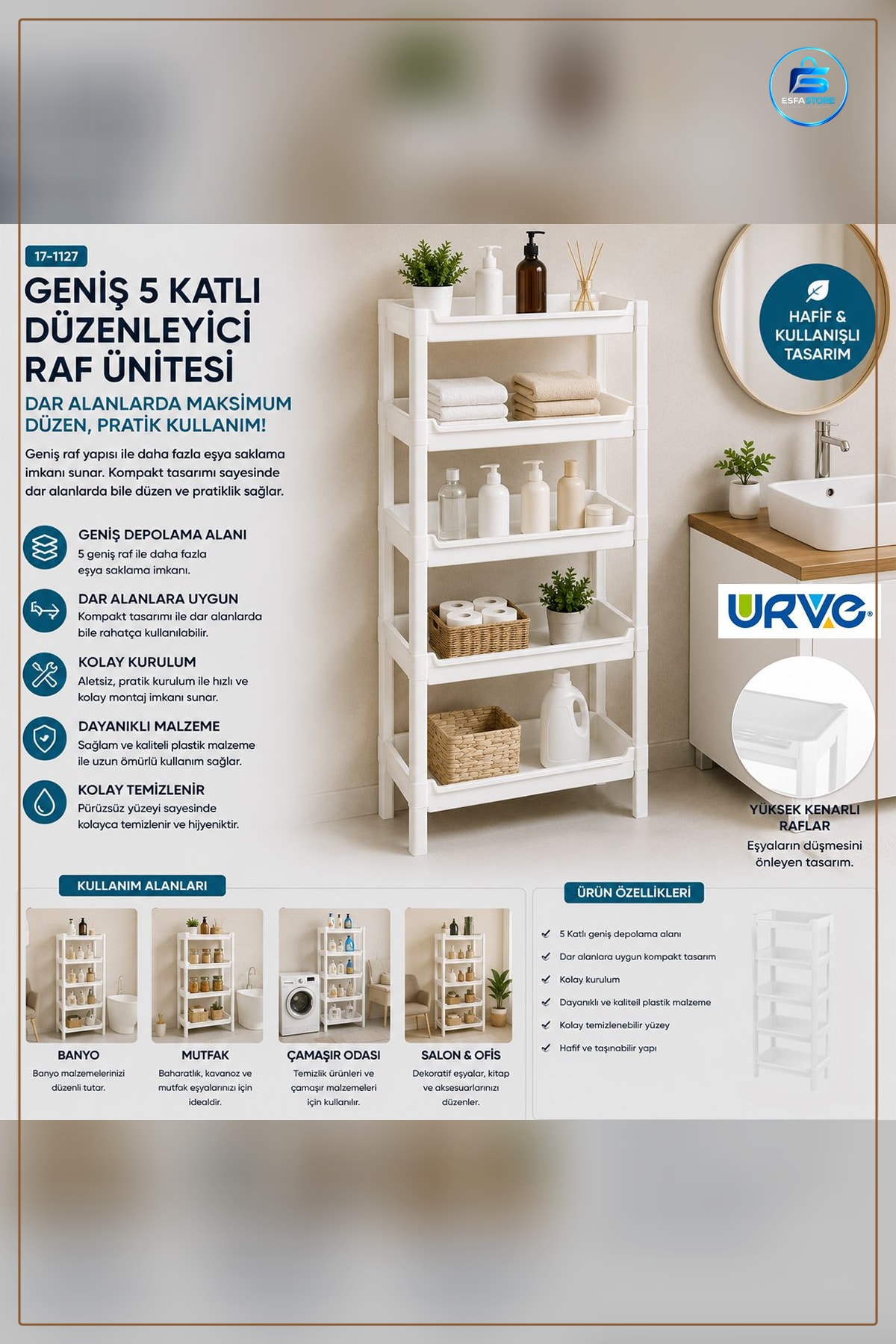 Dolap İçi Düzenleyici 5 Katlı Sepet Raf Organizer 355x220x870 mm Mutfak Banyo Balkon Ofis