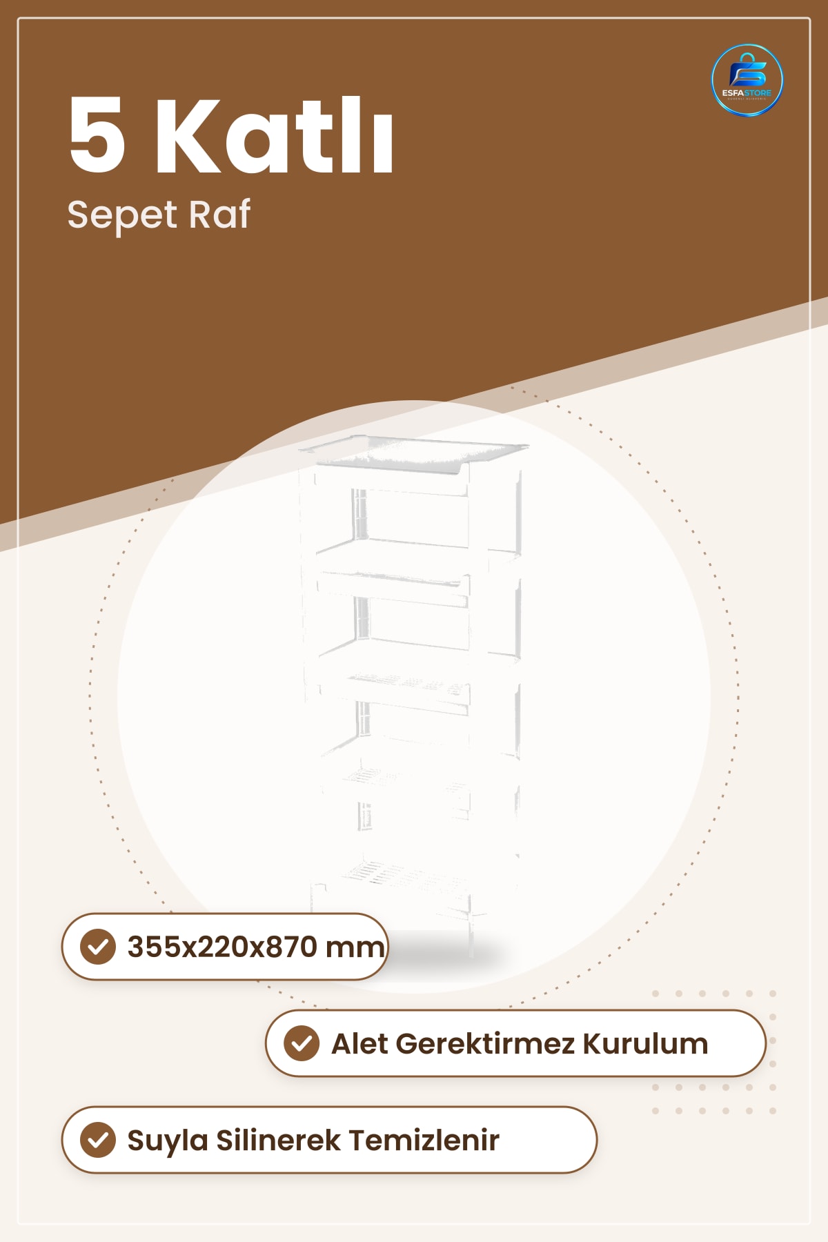 Dolap İçi Düzenleyici 5 Katlı Sepet Raf Organizer 355x220x870 mm Mutfak Banyo Balkon Ofis