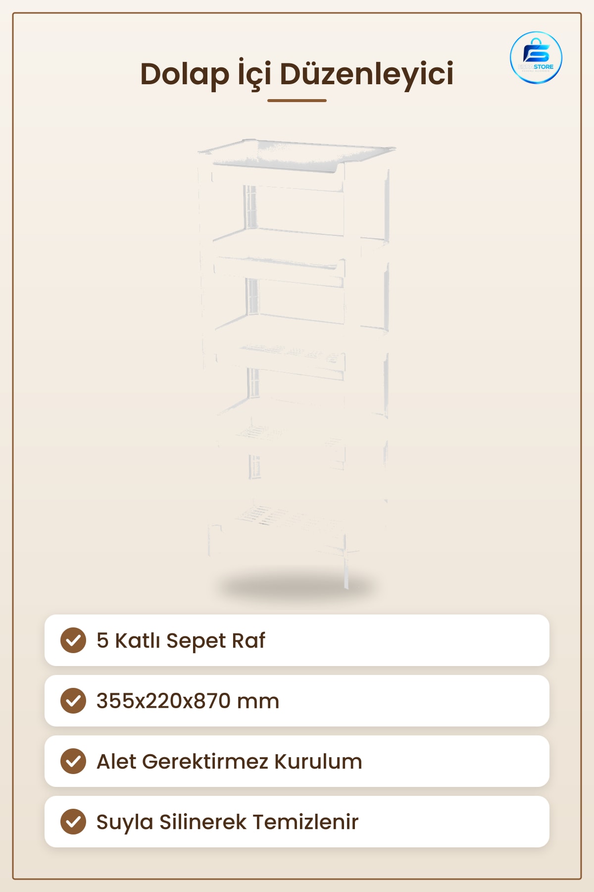 Dolap İçi Düzenleyici 5 Katlı Sepet Raf Organizer 355x220x870 mm Mutfak Banyo Balkon Ofis