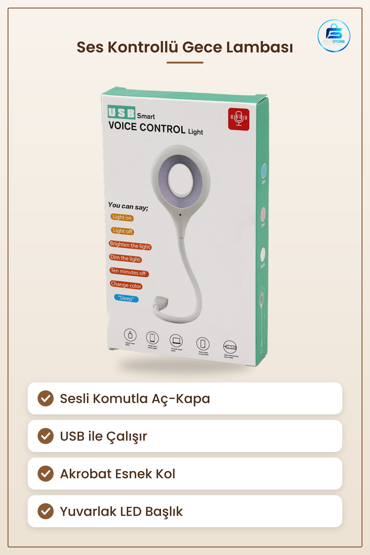 Ses Kontrollü Gece Lambası Mini USB LED Yuvarlak Akrobat Kollu Masa Okuma Işığı Ofis Bilgisayar