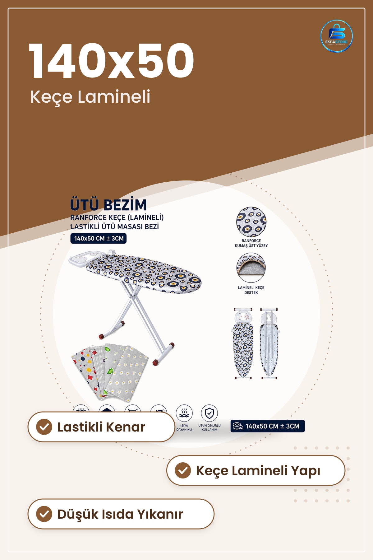 Ütü Masası Bezi 140x50 cm Lastikli Ranforce Keçe Lamineli Isıya Dayanıklı Ev Aksesuarı