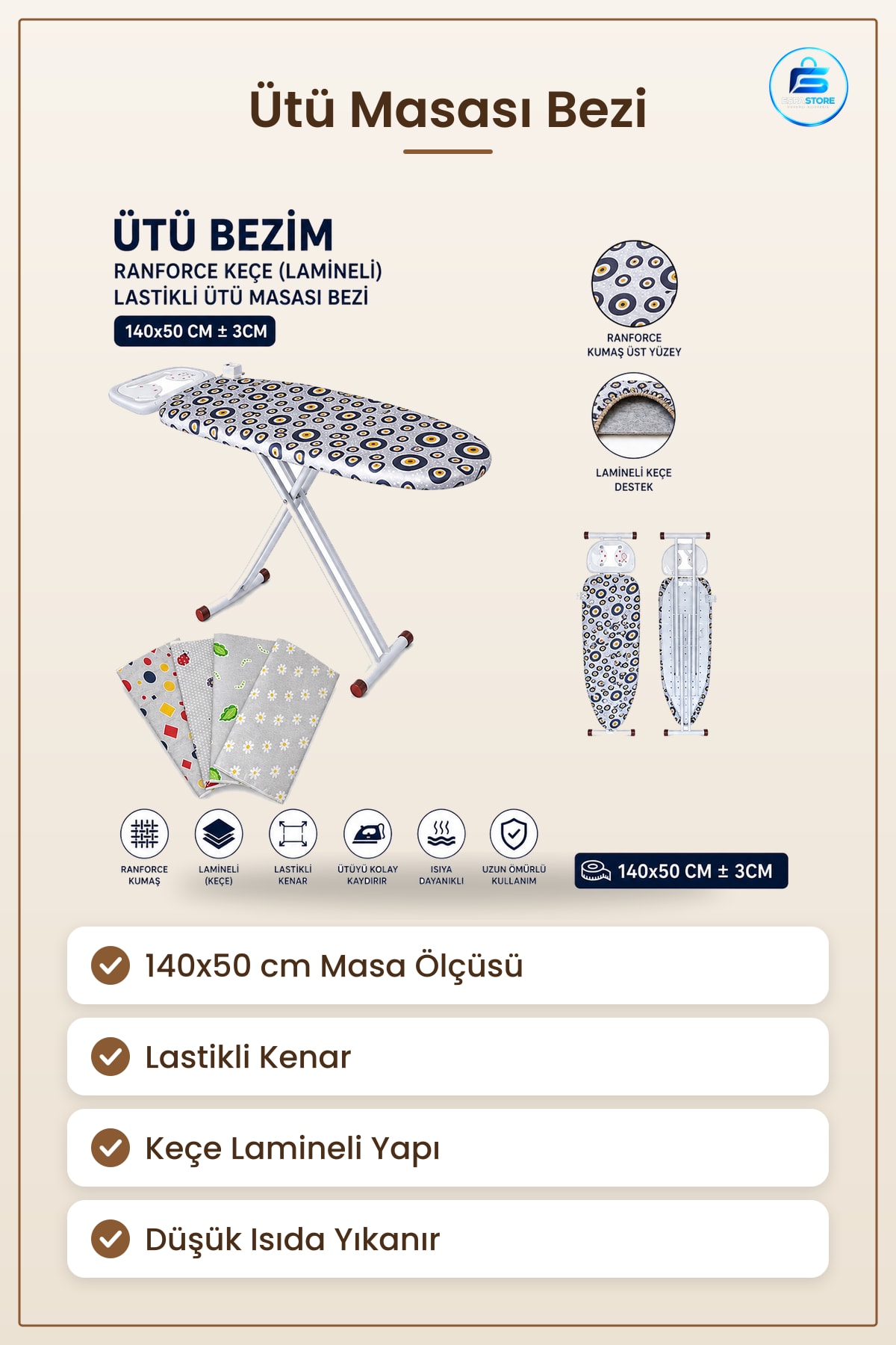 Ütü Masası Bezi 140x50 cm Lastikli Ranforce Keçe Lamineli Isıya Dayanıklı Ev Aksesuarı