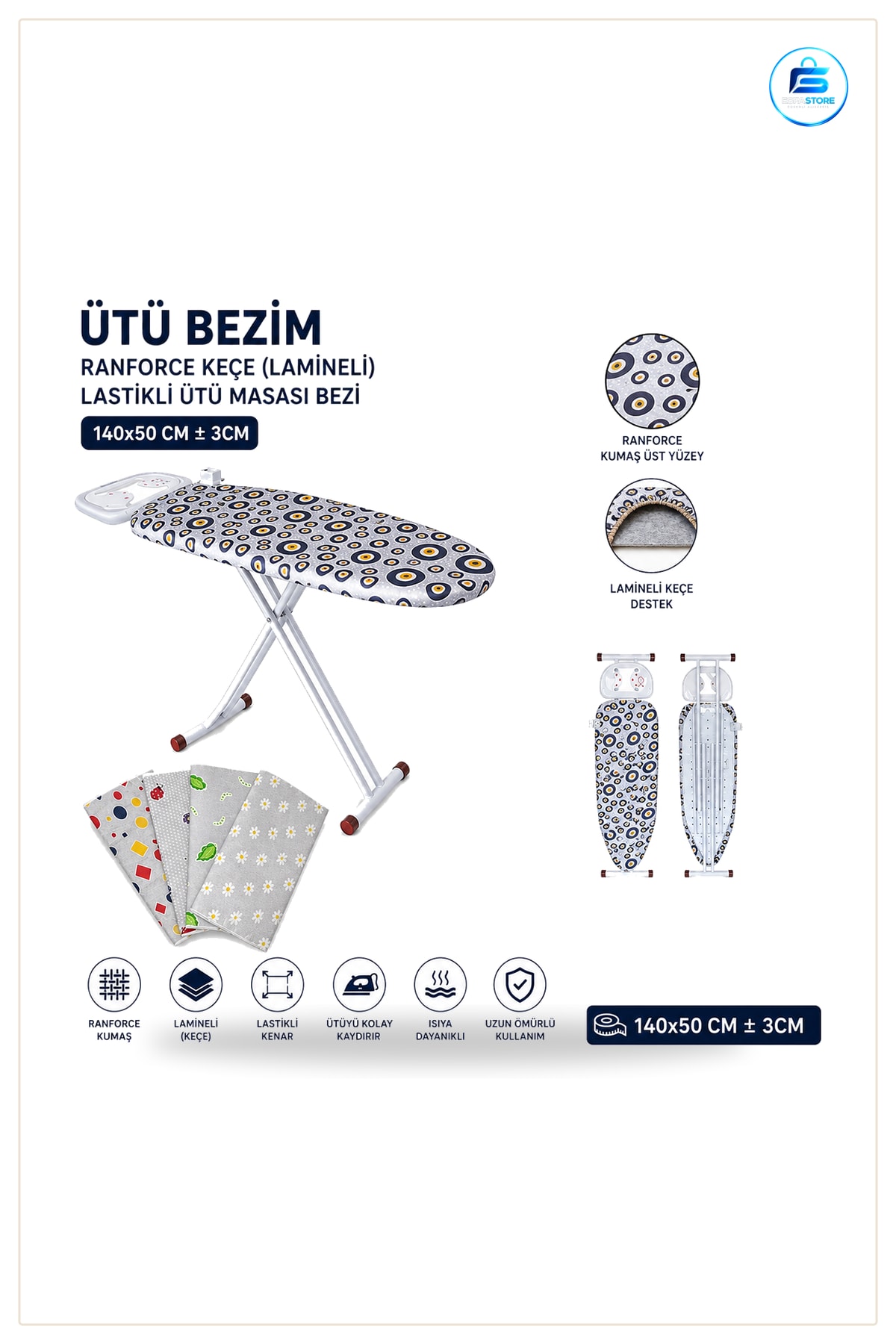 Ütü Masası Bezi 140x50 cm Lastikli Ranforce Keçe Lamineli Isıya Dayanıklı Ev Aksesuarı