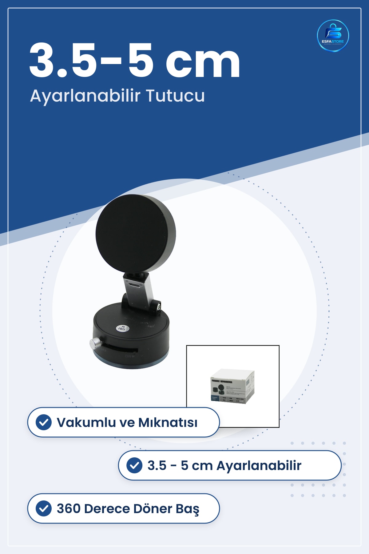 Araç İçi Telefon Tutucu Vakumlu Mıknatıslı Ayarlanabilir 3.5 ila 5 cm Döner Baş Cam Paneli