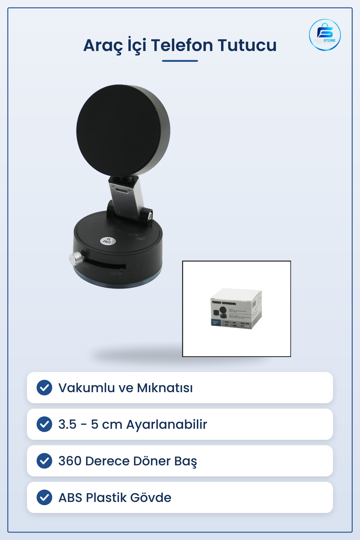 Araç İçi Telefon Tutucu Vakumlu Mıknatıslı Ayarlanabilir 3.5 ila 5 cm Döner Baş Cam Paneli