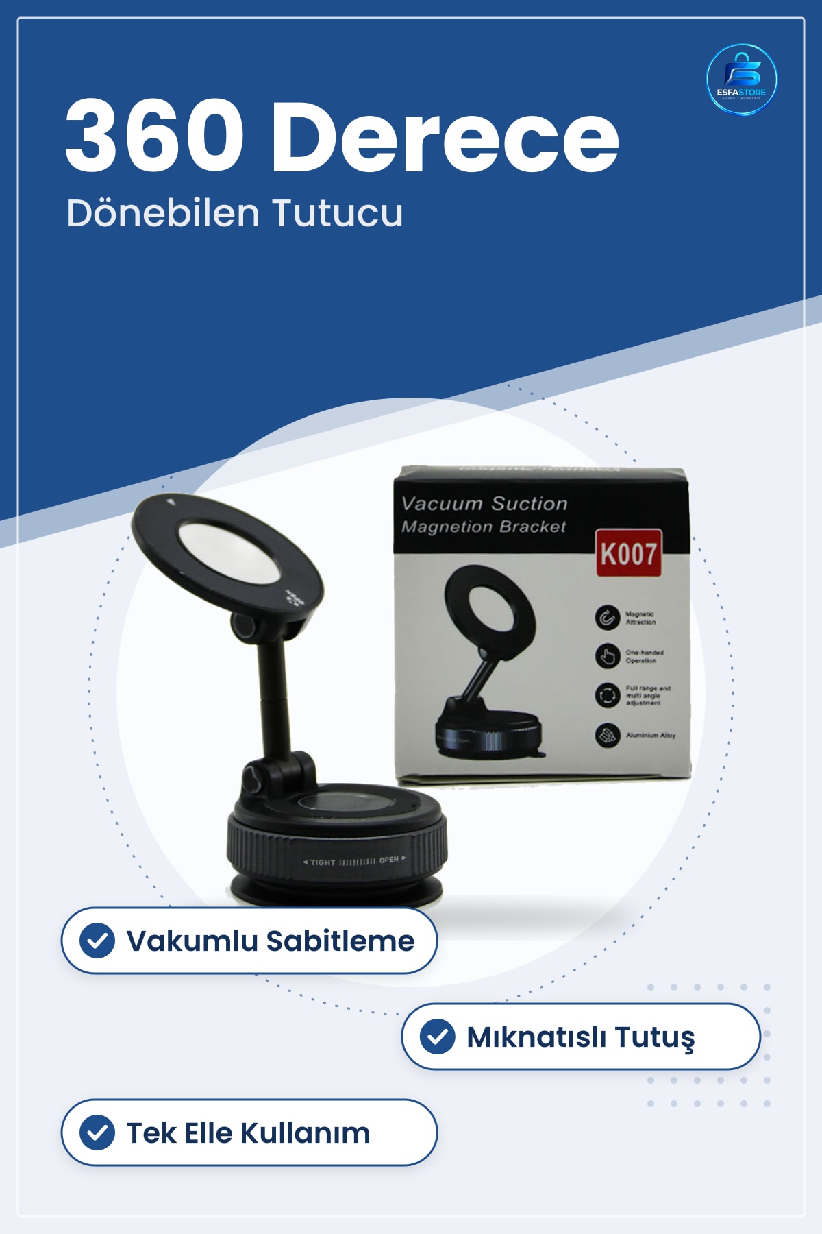 Araç İçi Telefon Tutucu Vakumlu Mıknatıslı Ön Cam Gösterge Paneli Derece Dönebilen