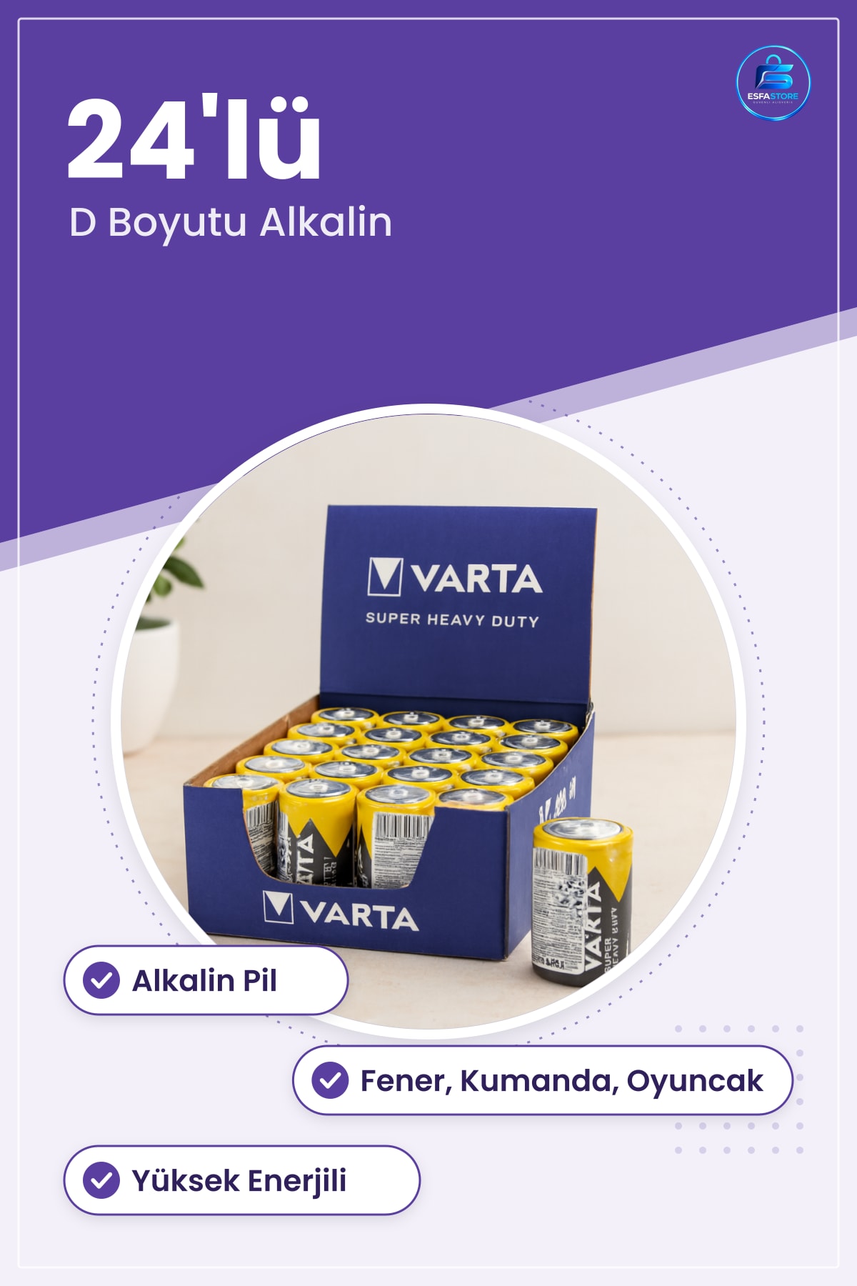 D Boyutu Alkalin Pil 24'lü Paket Uzun Ömürlü Yüksek Enerjili Fener Kumanda ve Oyuncak Güç Kaynağı