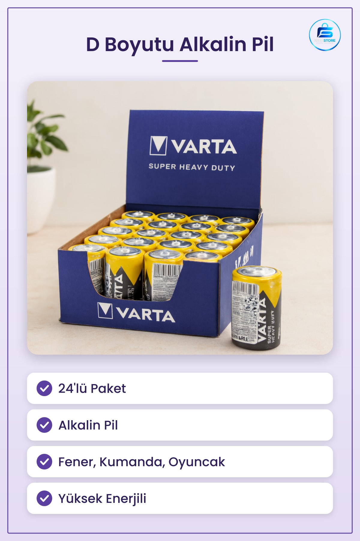 D Boyutu Alkalin Pil 24'lü Paket Uzun Ömürlü Yüksek Enerjili Fener Kumanda ve Oyuncak Güç Kaynağı