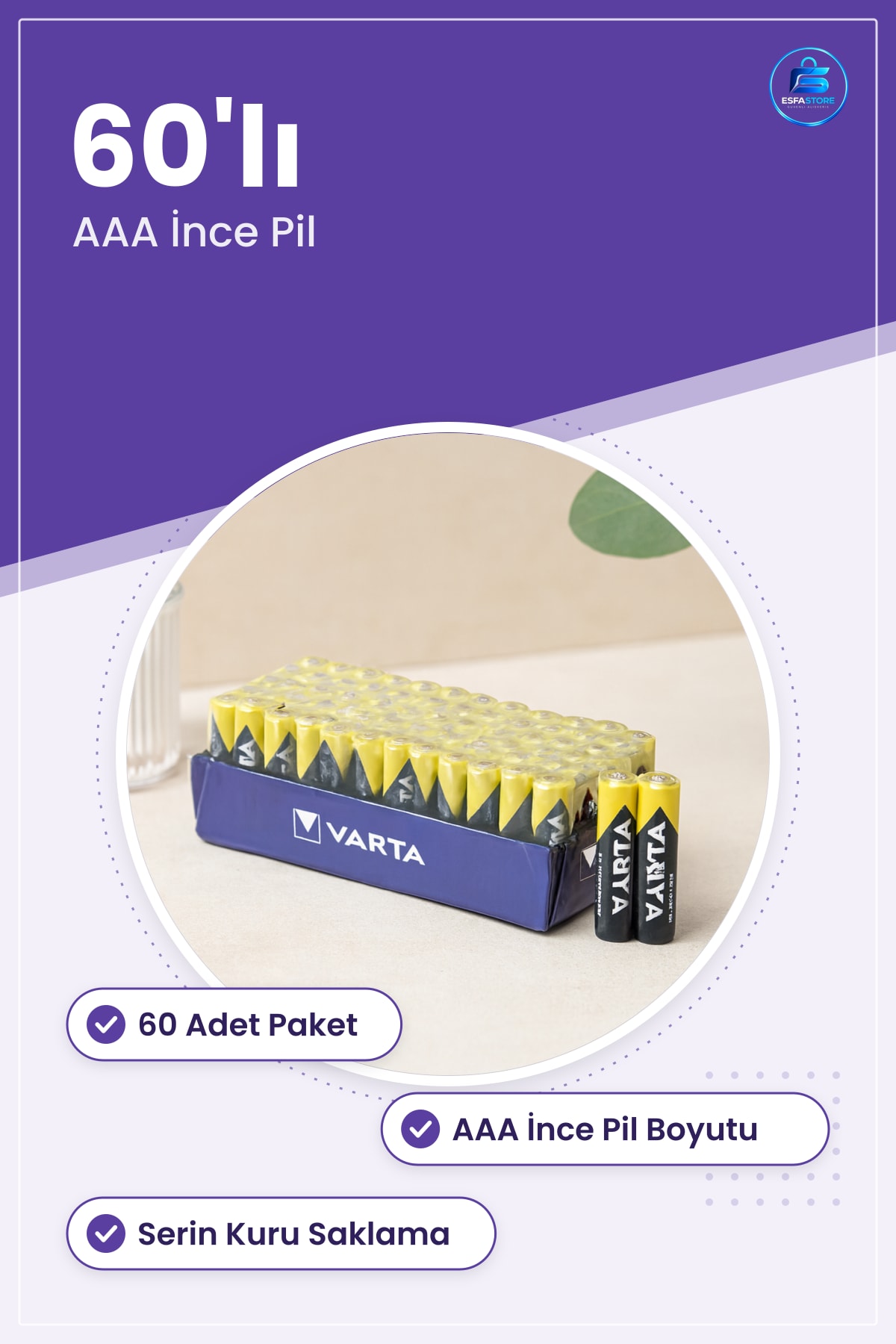AAA İnce Pil 60 Adet Toplu Paket Kumanda Saat Oyuncak Küçük Elektronik Cihazlar İçin