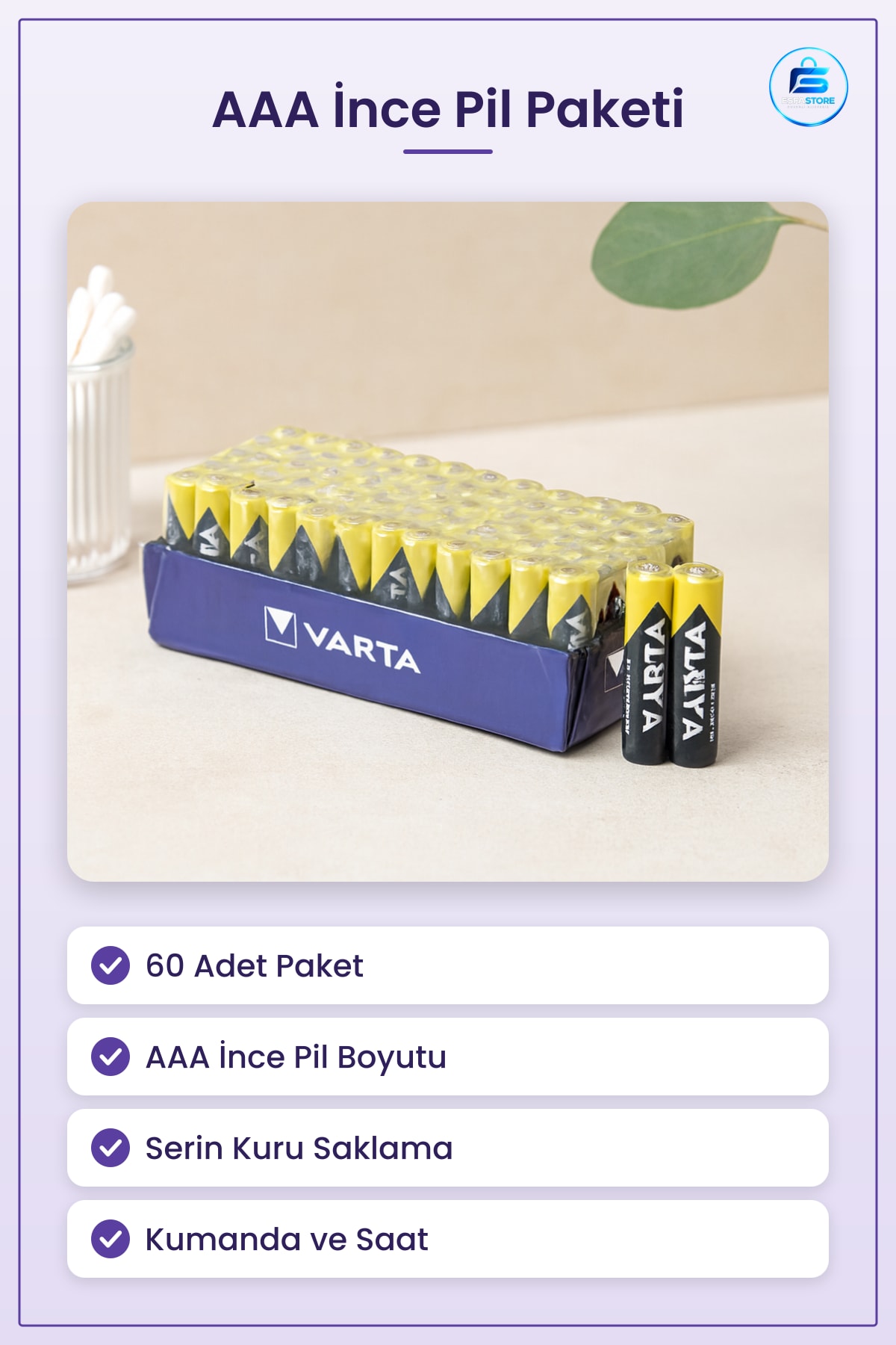 AAA İnce Pil 60 Adet Toplu Paket Kumanda Saat Oyuncak Küçük Elektronik Cihazlar İçin