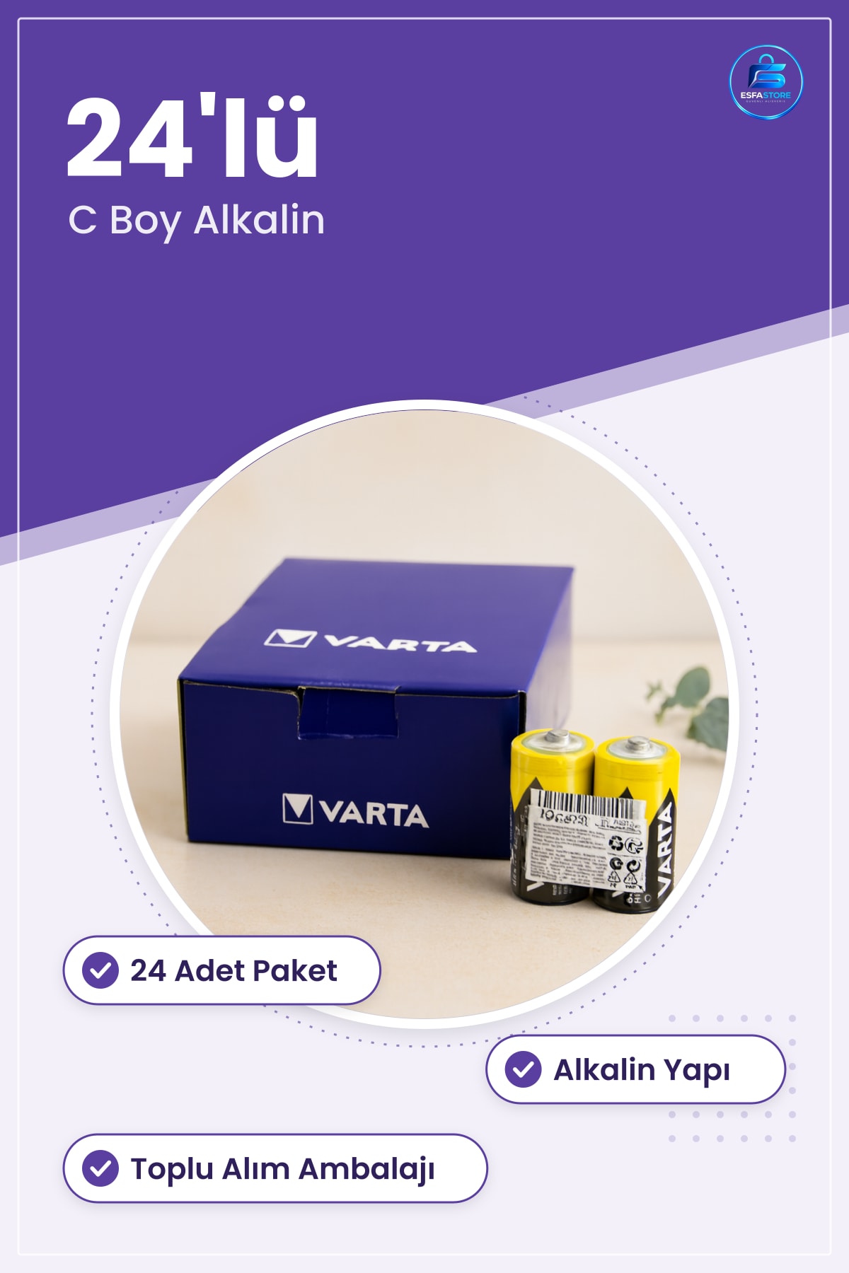 C Boy Alkalin Pil 24'lü Paket Ev ve Ofis Cihazları İçin Yedek Seti Toplu Alım Ambalajı