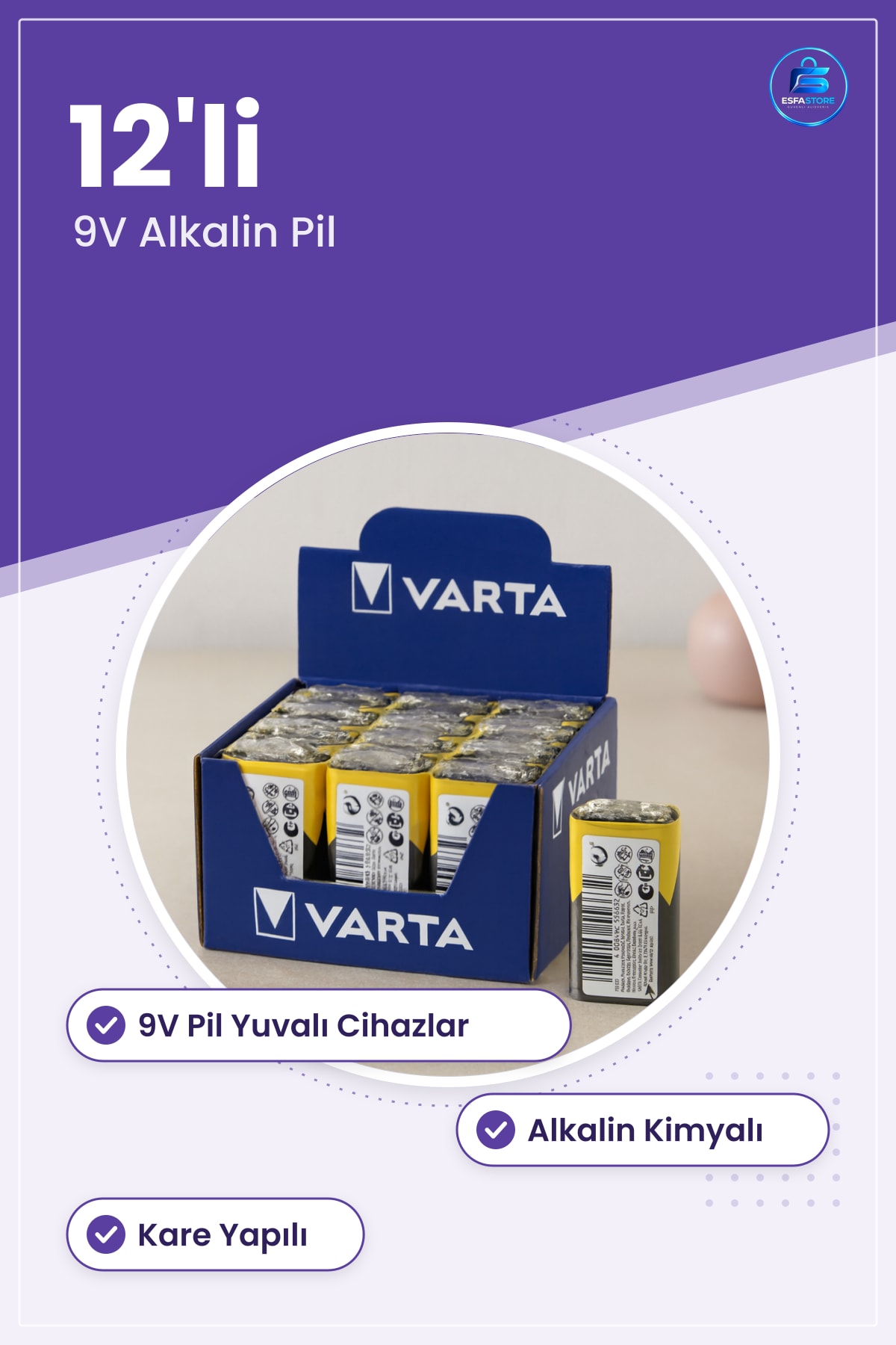 9V E Block Alkalin Pil 12'li Kutu Paket Kare Batarya Elektronik Cihazlar İçin Ev ve Ofis