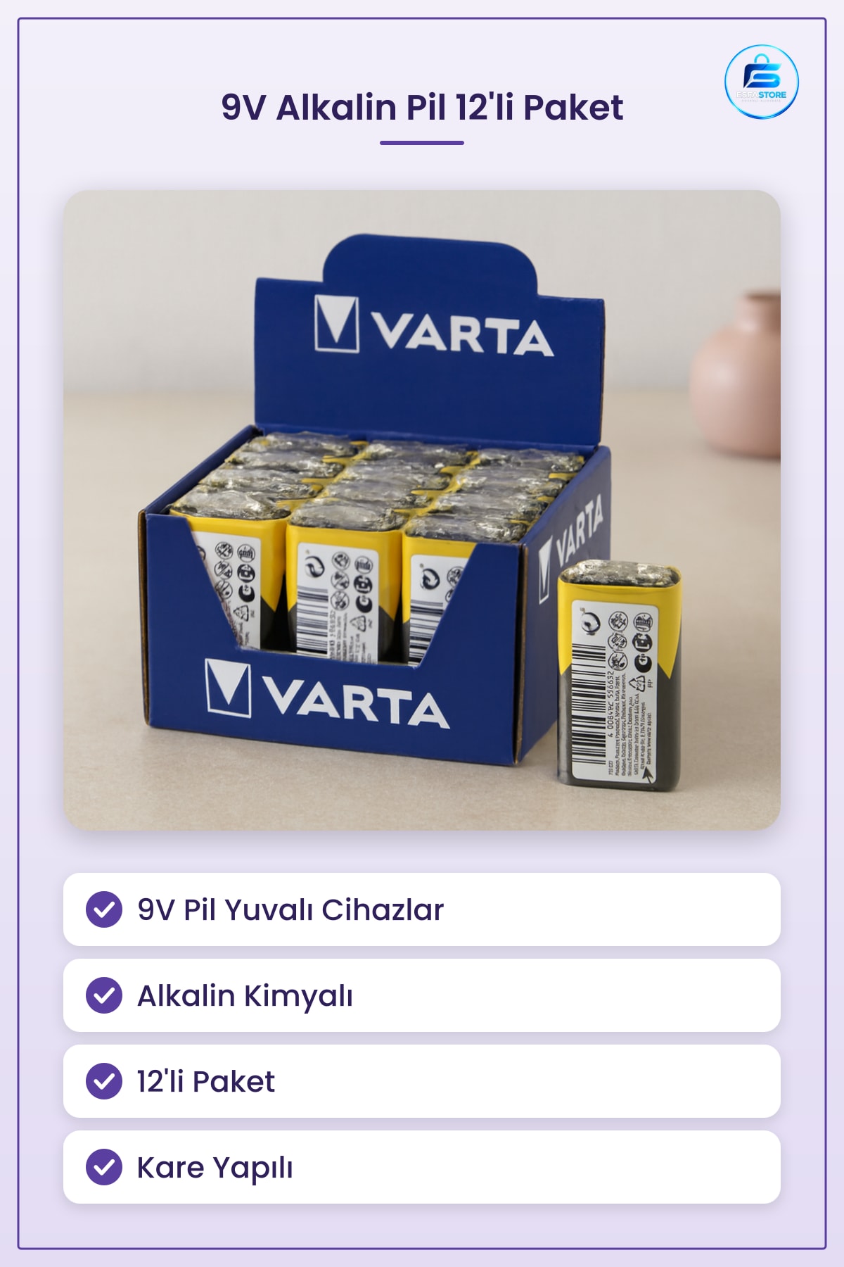 9V E Block Alkalin Pil 12'li Kutu Paket Kare Batarya Elektronik Cihazlar İçin Ev ve Ofis