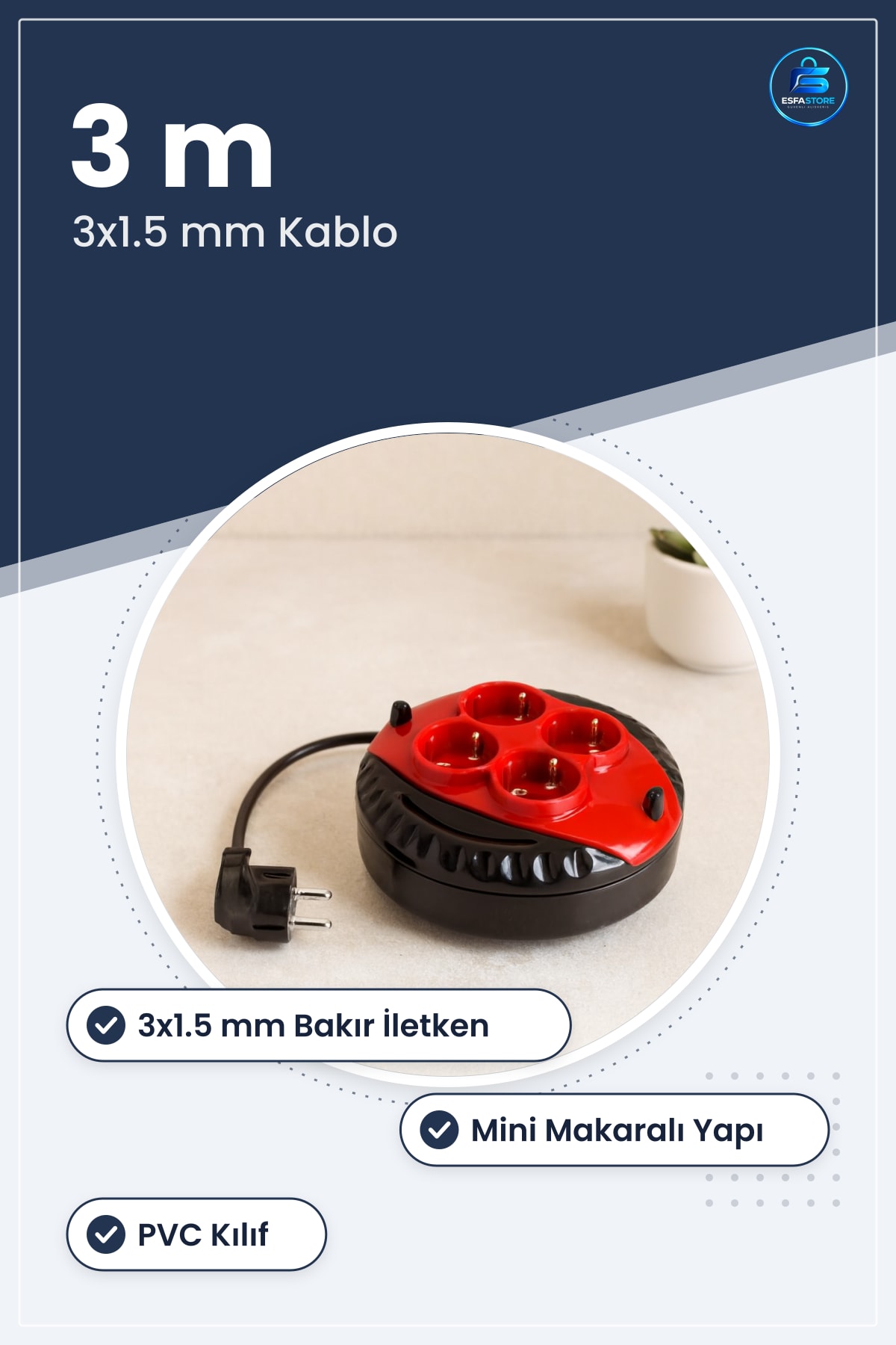 Grup Priz Uzatma Kablosu 3 m 3x1.5 mm Mini Makaralı Bakır PVC Kılıflı Ev Ofis Atölye