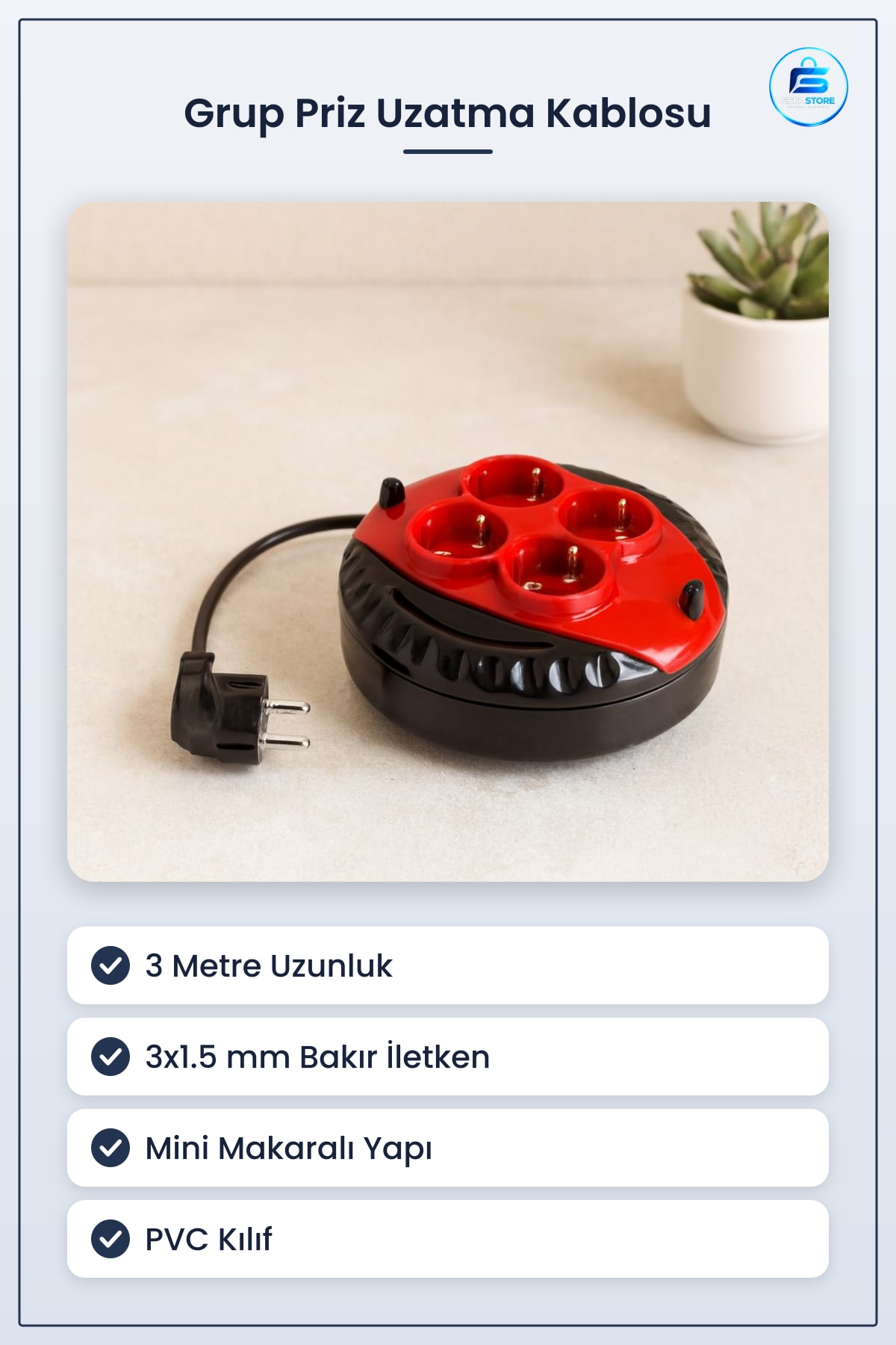 Grup Priz Uzatma Kablosu 3 m 3x1.5 mm Mini Makaralı Bakır PVC Kılıflı Ev Ofis Atölye