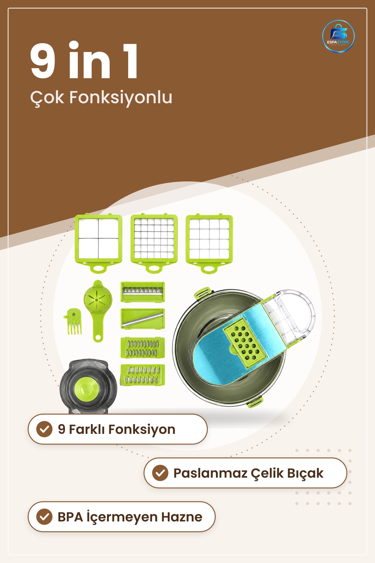 Rende Sebze Dilimleyici Doğrayıcı 9 in 1 Hazneli Çok Fonksiyonlu Paslanmaz Çelik Bıçaklı Mutfak