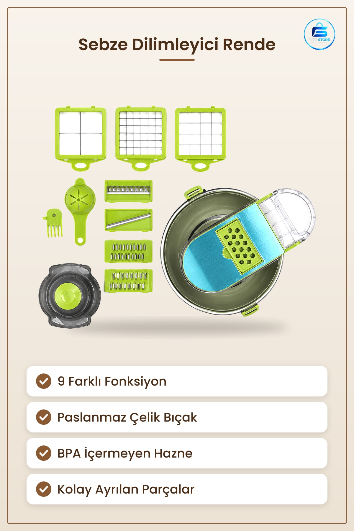 Rende Sebze Dilimleyici Doğrayıcı 9 in 1 Hazneli Çok Fonksiyonlu Paslanmaz Çelik Bıçaklı Mutfak
