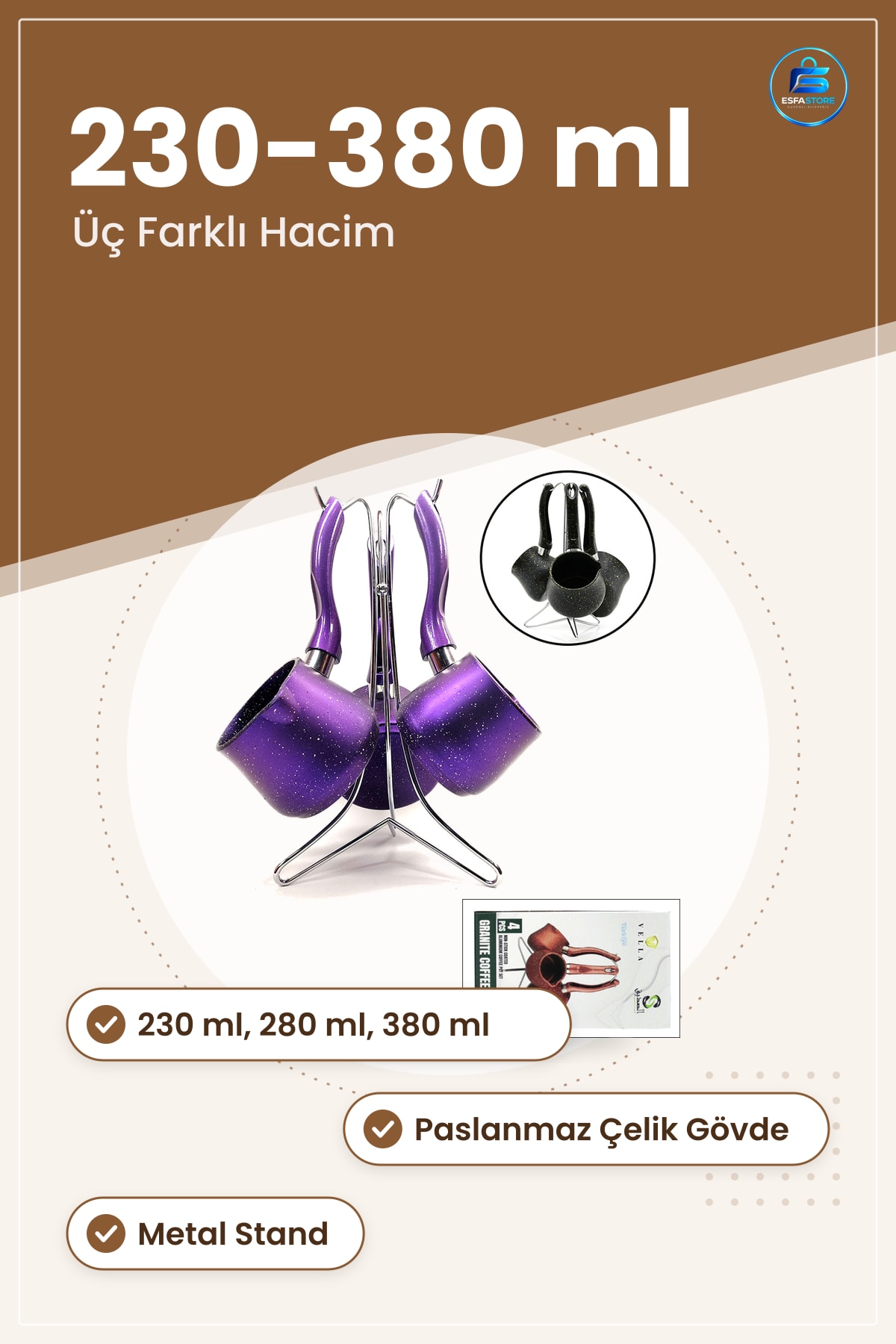 Cezve Seti 230 ml 280 380 Granit Kaplama Paslanmaz Çelik Metal Standlı Türk Kahvesi Pişirme