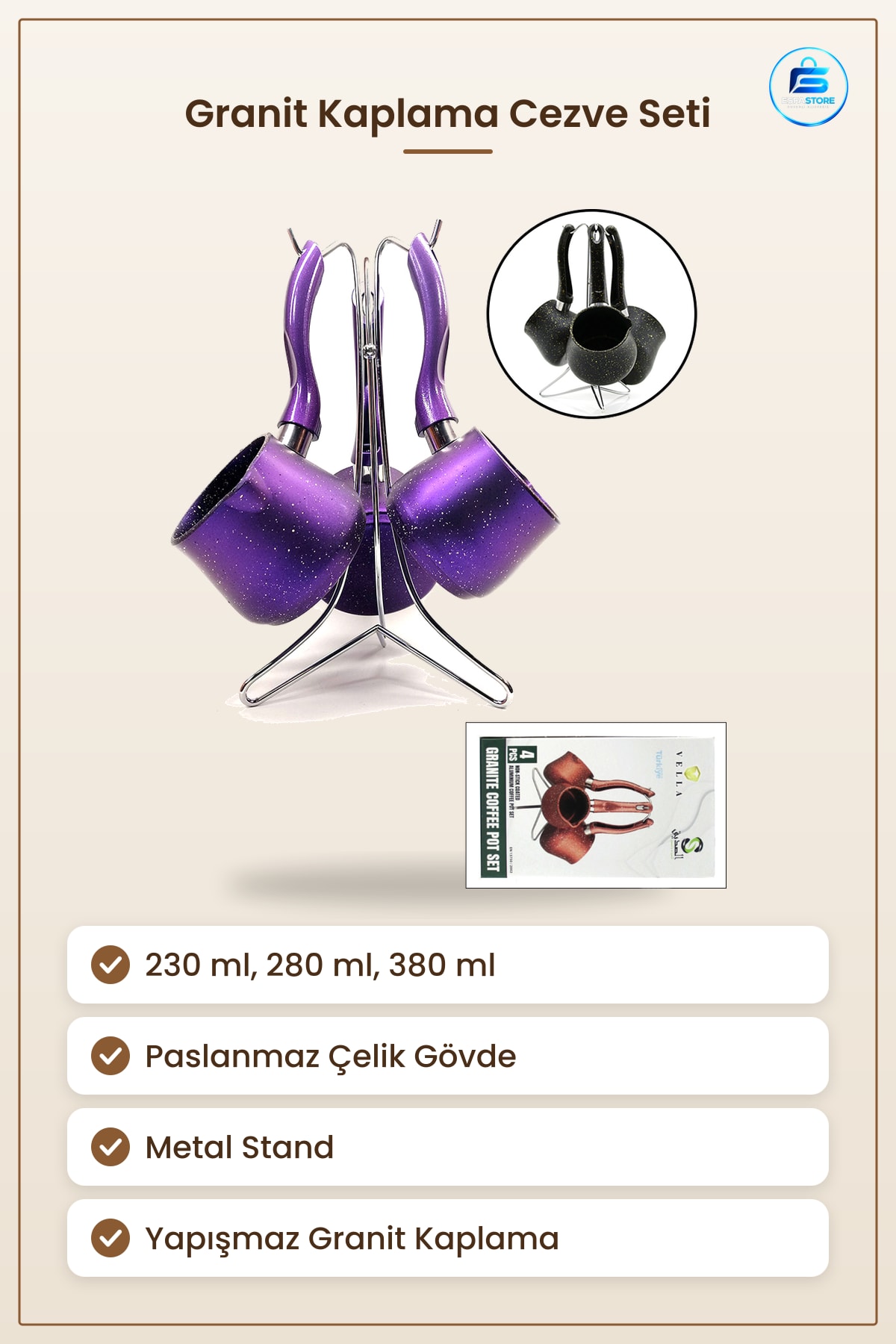 Cezve Seti 230 ml 280 380 Granit Kaplama Paslanmaz Çelik Metal Standlı Türk Kahvesi Pişirme