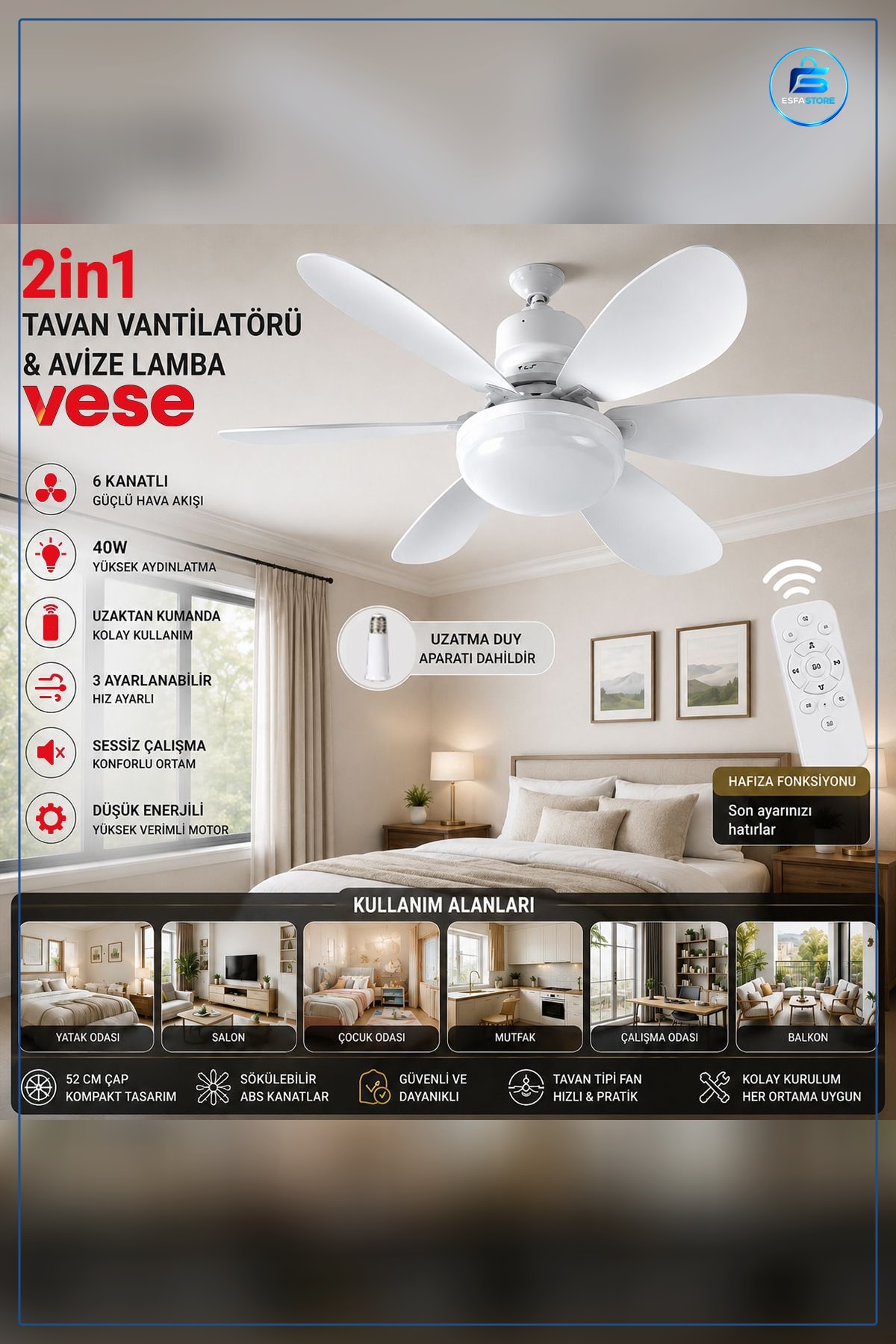 Tavan Vantilatörü 6 Kanatlı Kumandalı 2in1 Avize 40W Aydınlatma Salon Yatak Odası Serinletici