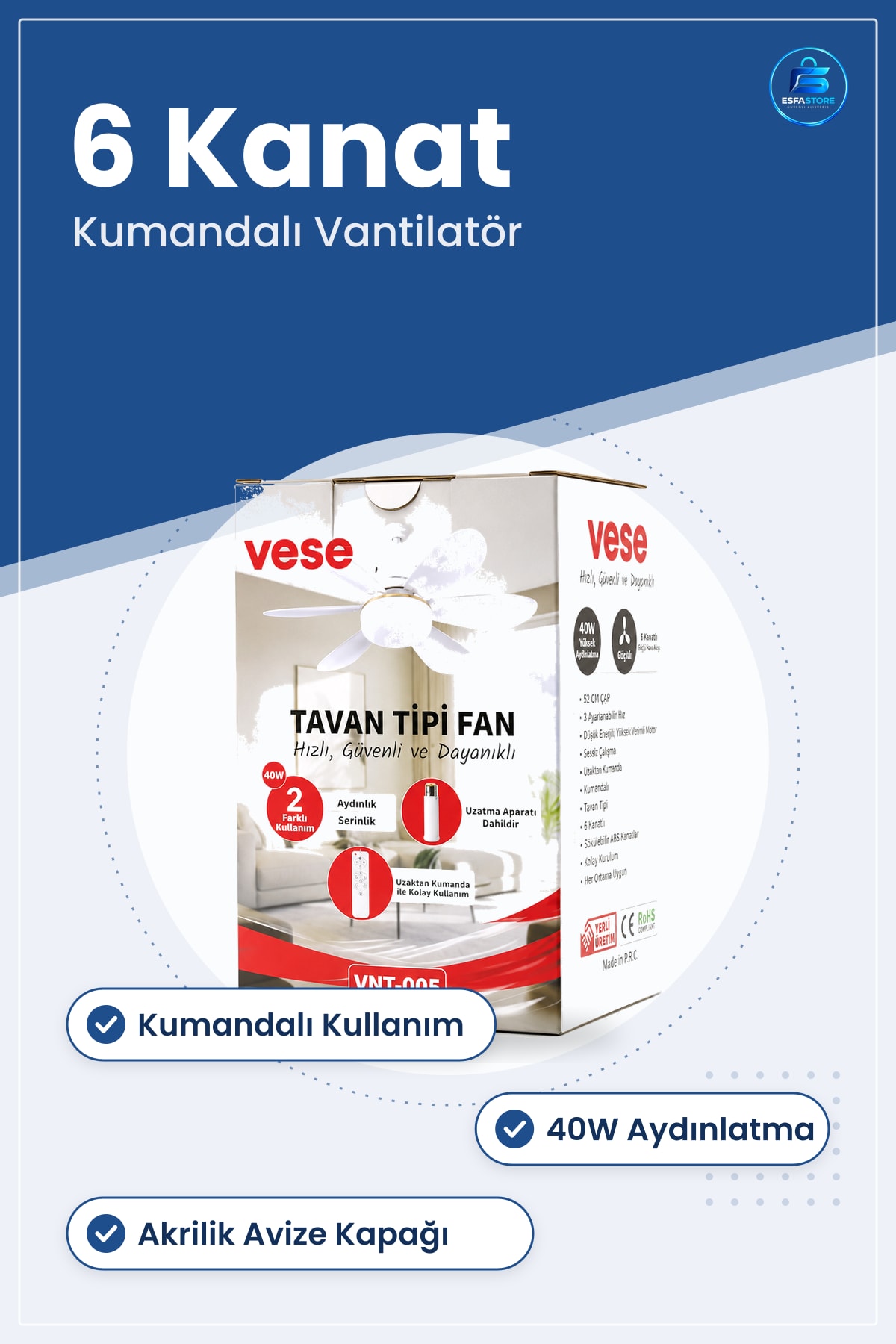Tavan Vantilatörü 6 Kanatlı Kumandalı 2in1 Avize 40W Aydınlatma Salon Yatak Odası Serinletici