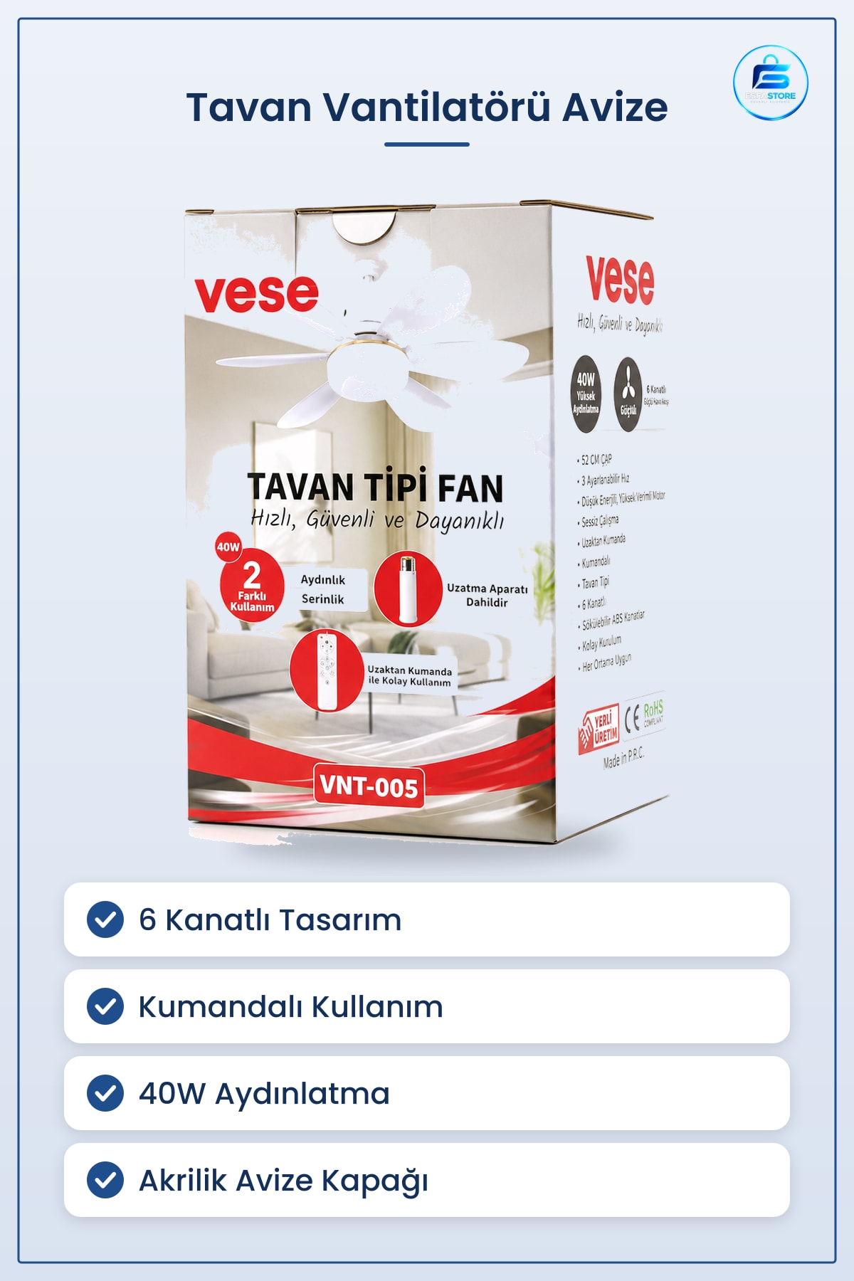 Tavan Vantilatörü 6 Kanatlı Kumandalı 2in1 Avize 40W Aydınlatma Salon Yatak Odası Serinletici
