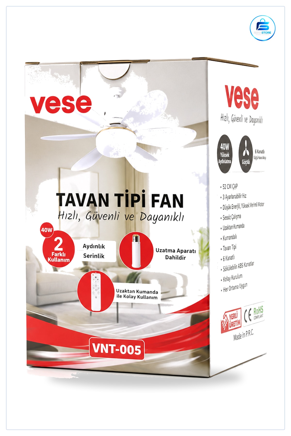 Tavan Vantilatörü 6 Kanatlı Kumandalı 2in1 Avize 40W Aydınlatma Salon Yatak Odası Serinletici