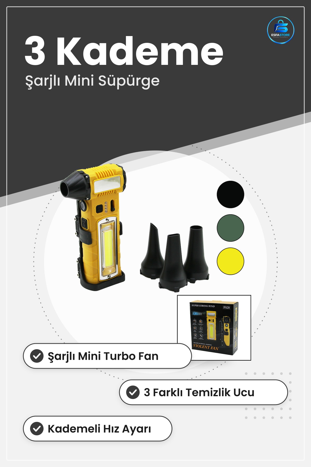 Araç İçi Süpürge Şarjlı Mini Turbo Fan 3 Uç Kademeli Hız Fenerli Manyetik Stand Oto Temizlik
