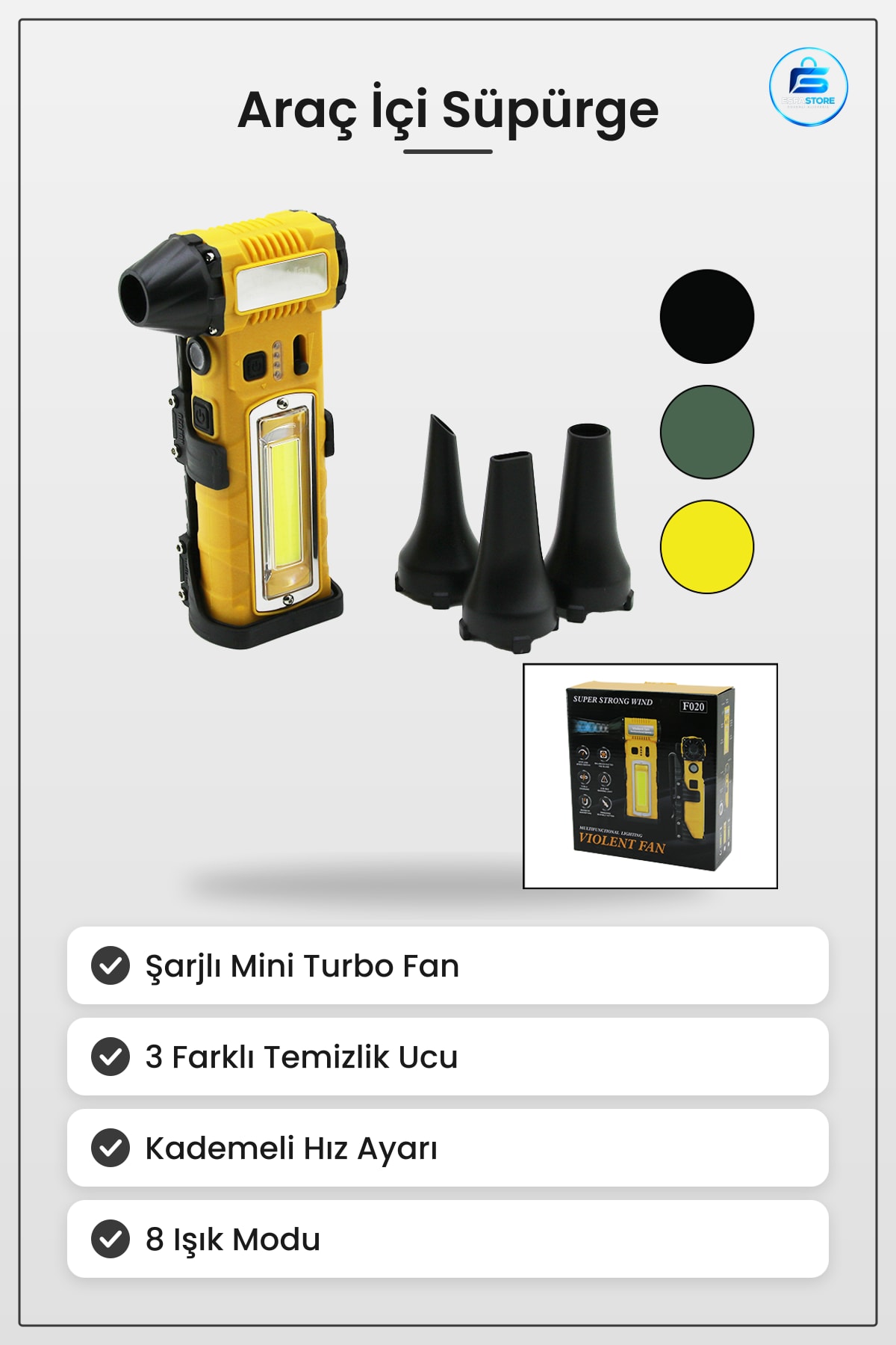 Araç İçi Süpürge Şarjlı Mini Turbo Fan 3 Uç Kademeli Hız Fenerli Manyetik Stand Oto Temizlik