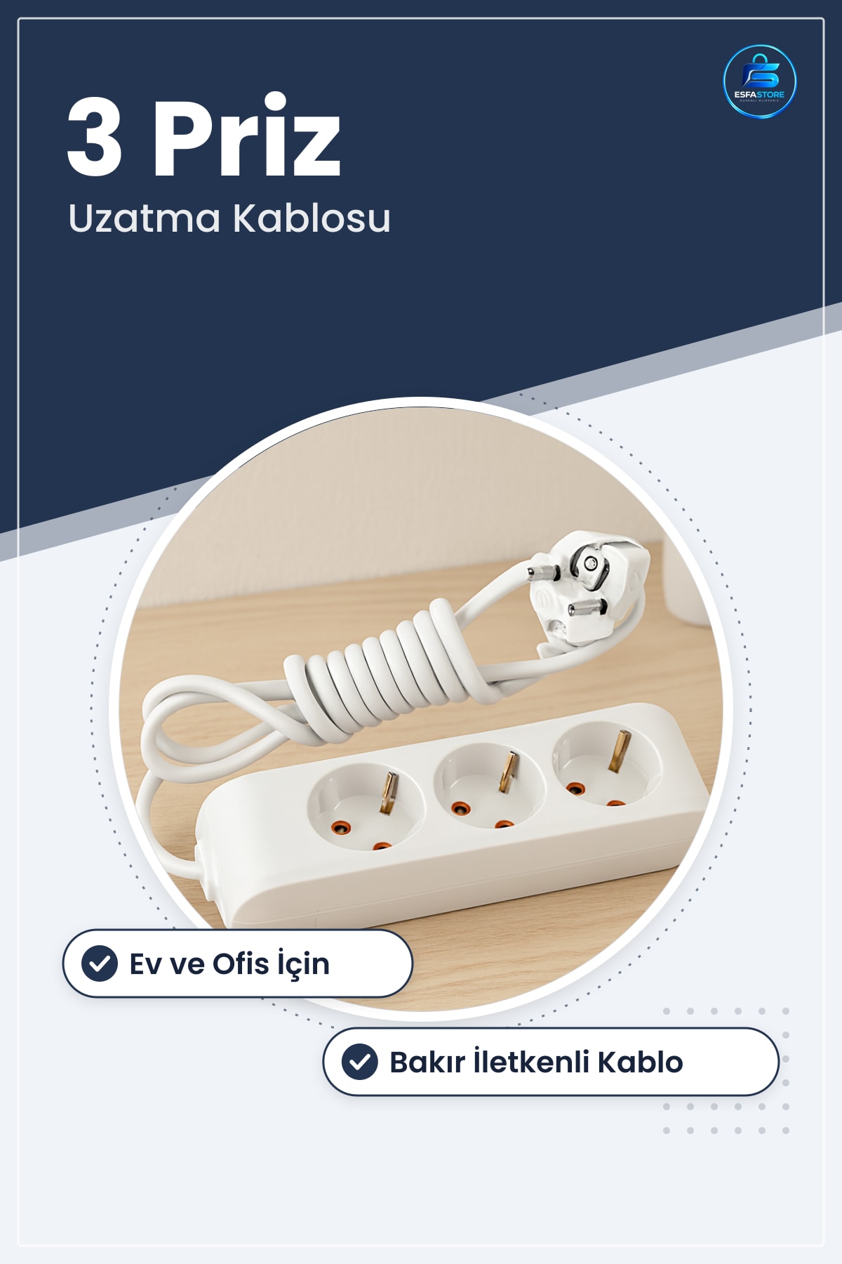 Grup Priz Uzatma Kablosu 3 Prizli Güvenli Kullanım Ev Ofis Bilgisayar Şarj Televizyon