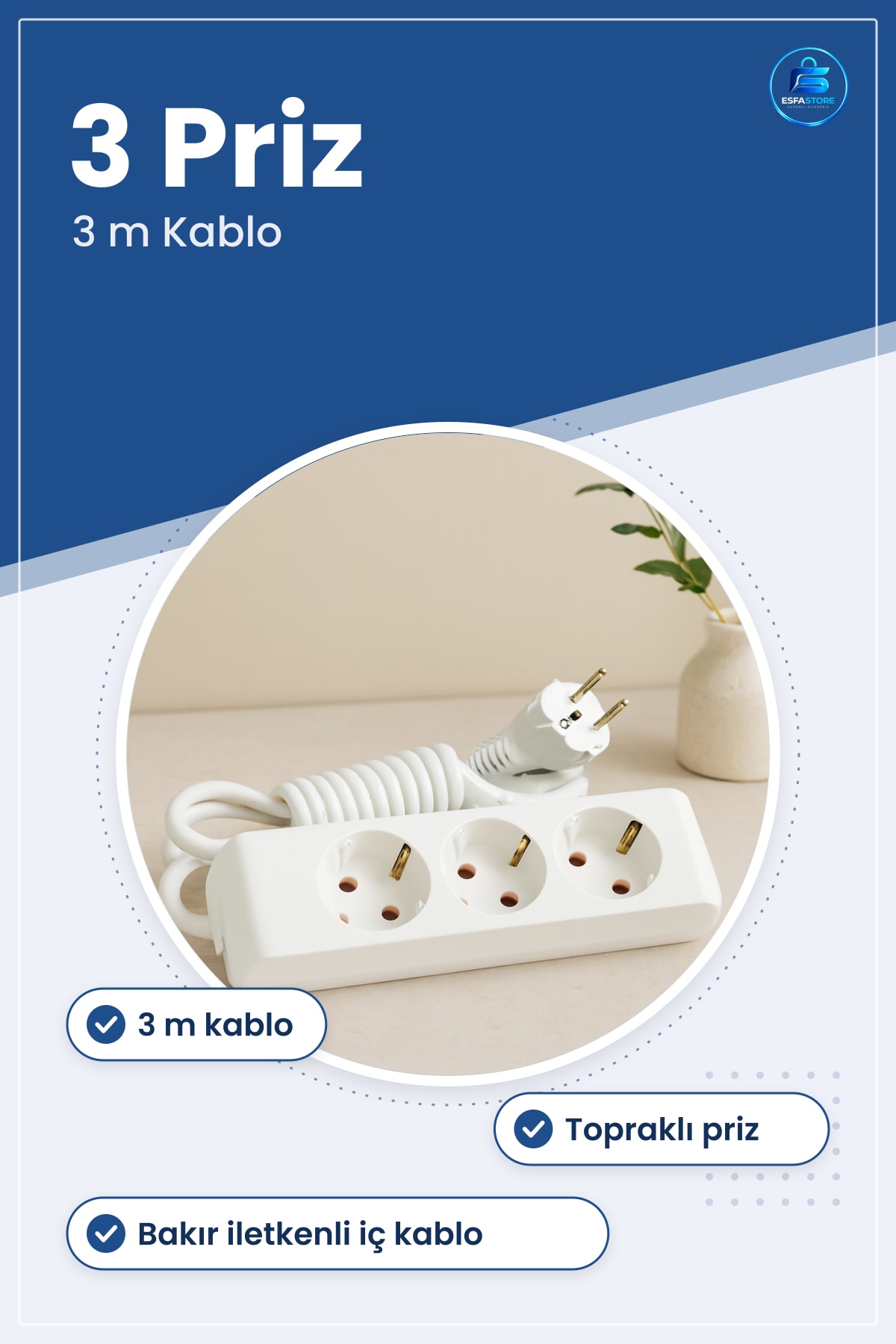 Uzatma Kablosu 3 Prizli m Uzatıcı Çoklayıcı Topraklı Priz Beyaz Ev Ofis Mutfak Kullanımı