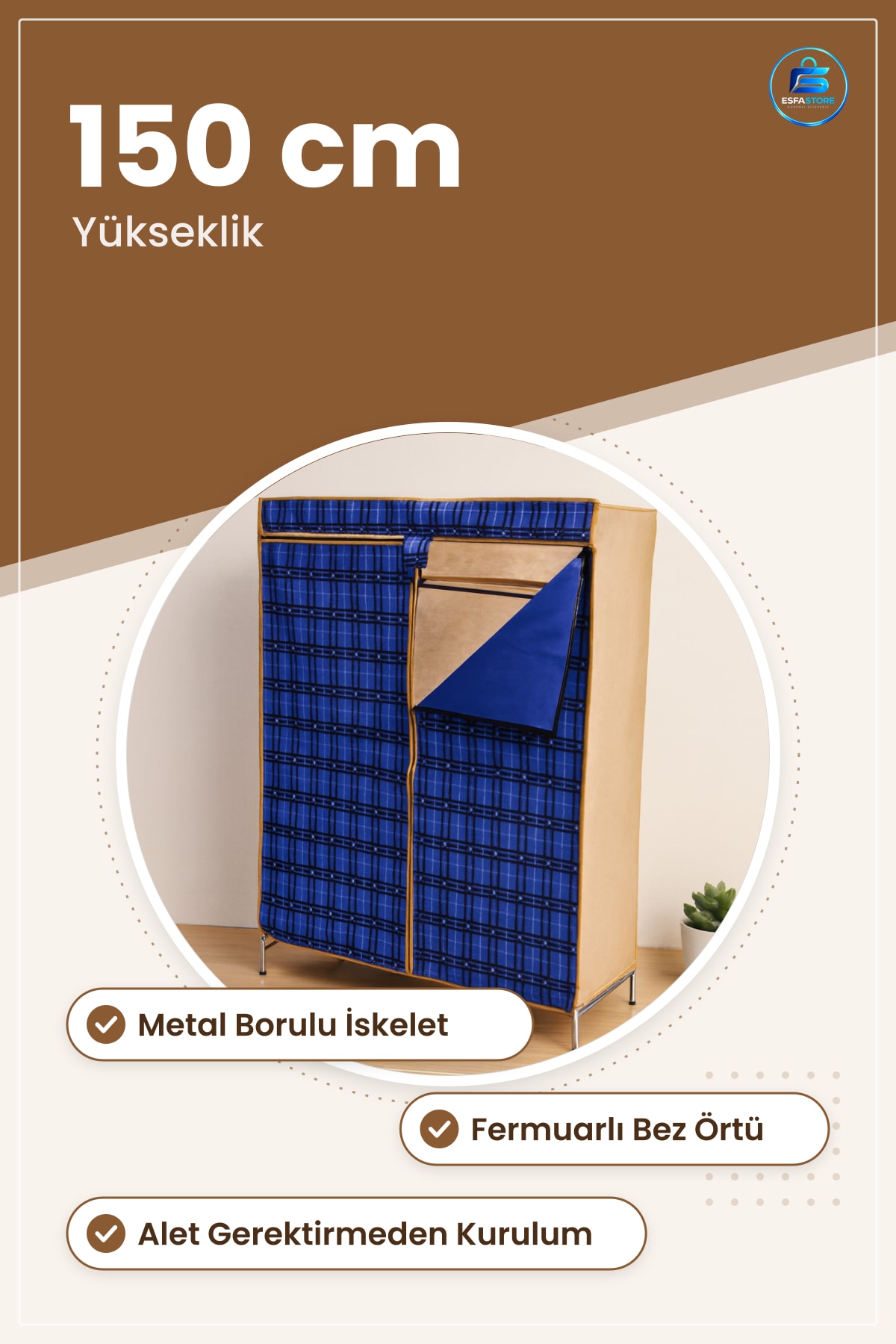 Portatif Metal İskelet Bez Gardırop 42x106x150 cm Fermuarlı Kumaş Dolap Yatak Odası Kıyafet Dolabı
