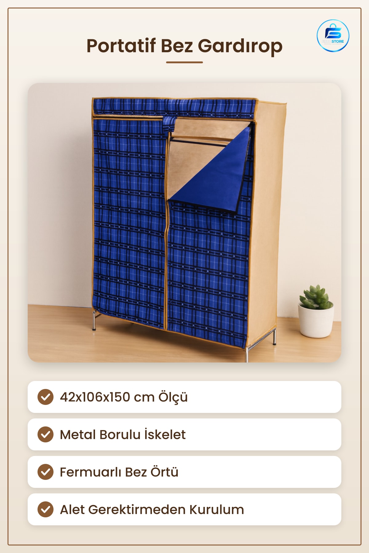 Portatif Metal İskelet Bez Gardırop 42x106x150 cm Fermuarlı Kumaş Dolap Yatak Odası Kıyafet Dolabı