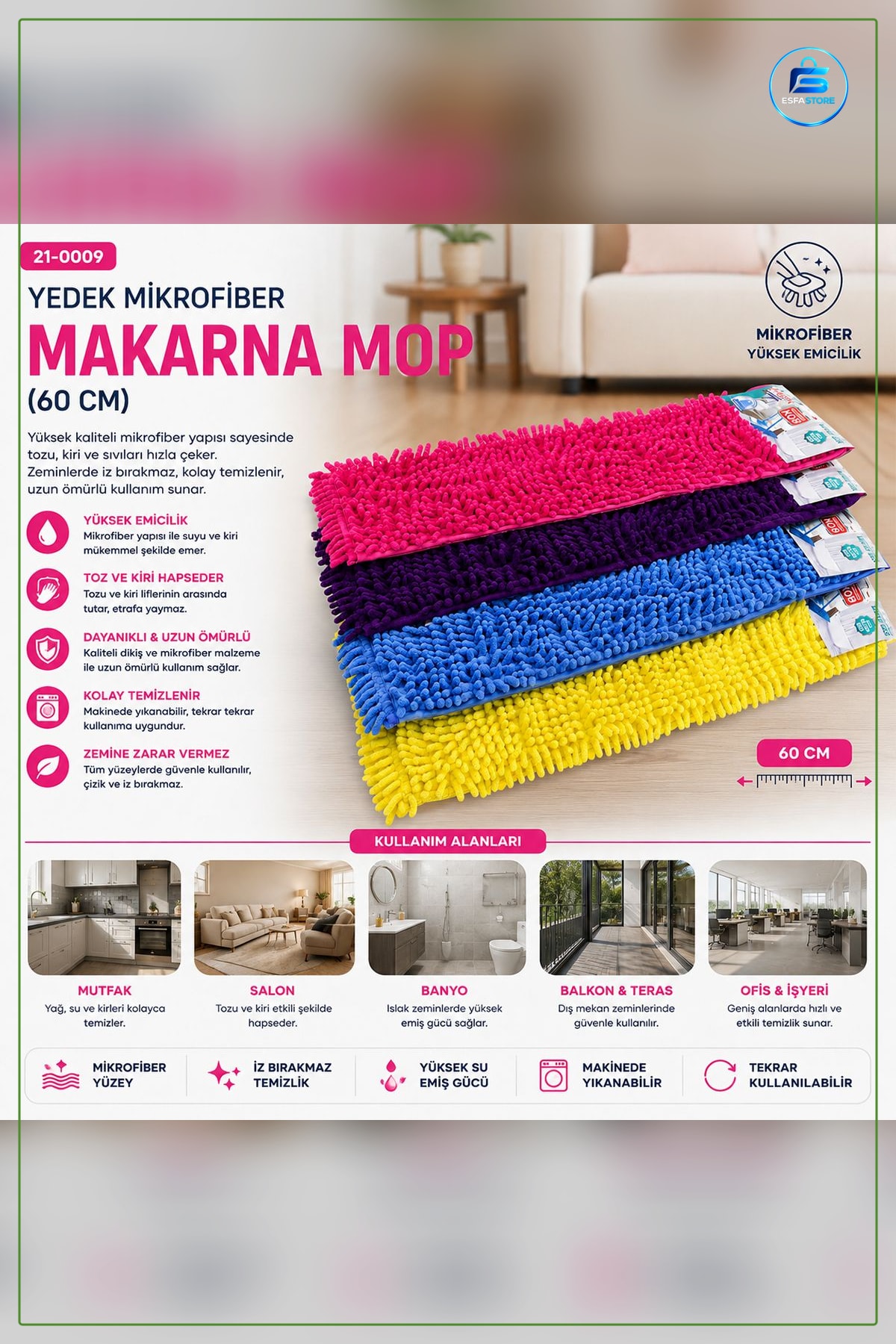 Mikrofiber Yedek Mop Başlığı 60 cm Makarna Yüksek Emicilik Sert Zemin Paspas Temizlik Aksesuarı