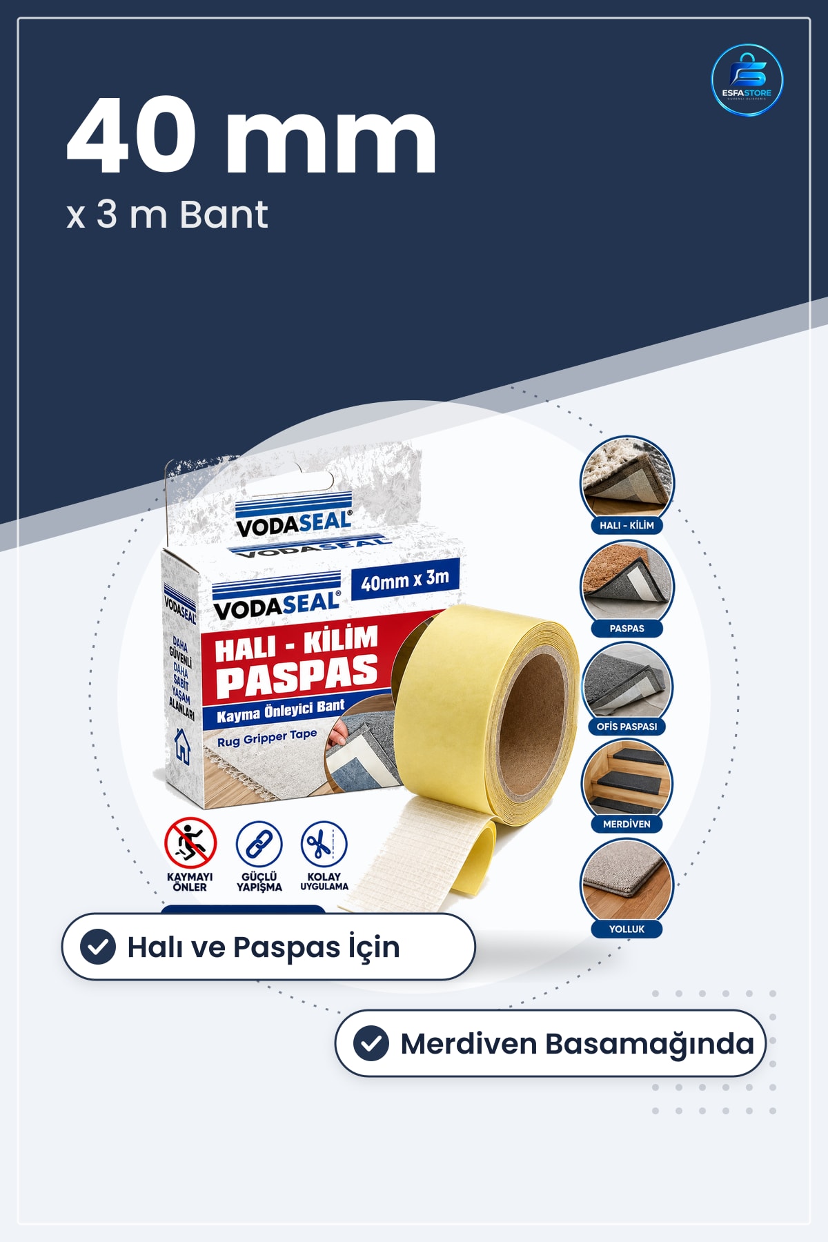 Halı Kilim Paspas Kaydırmaz Yapıştırıcı Bant 40mm x 3m Merdiven Yolluk Güvenlik Şeridi Dayanıklı